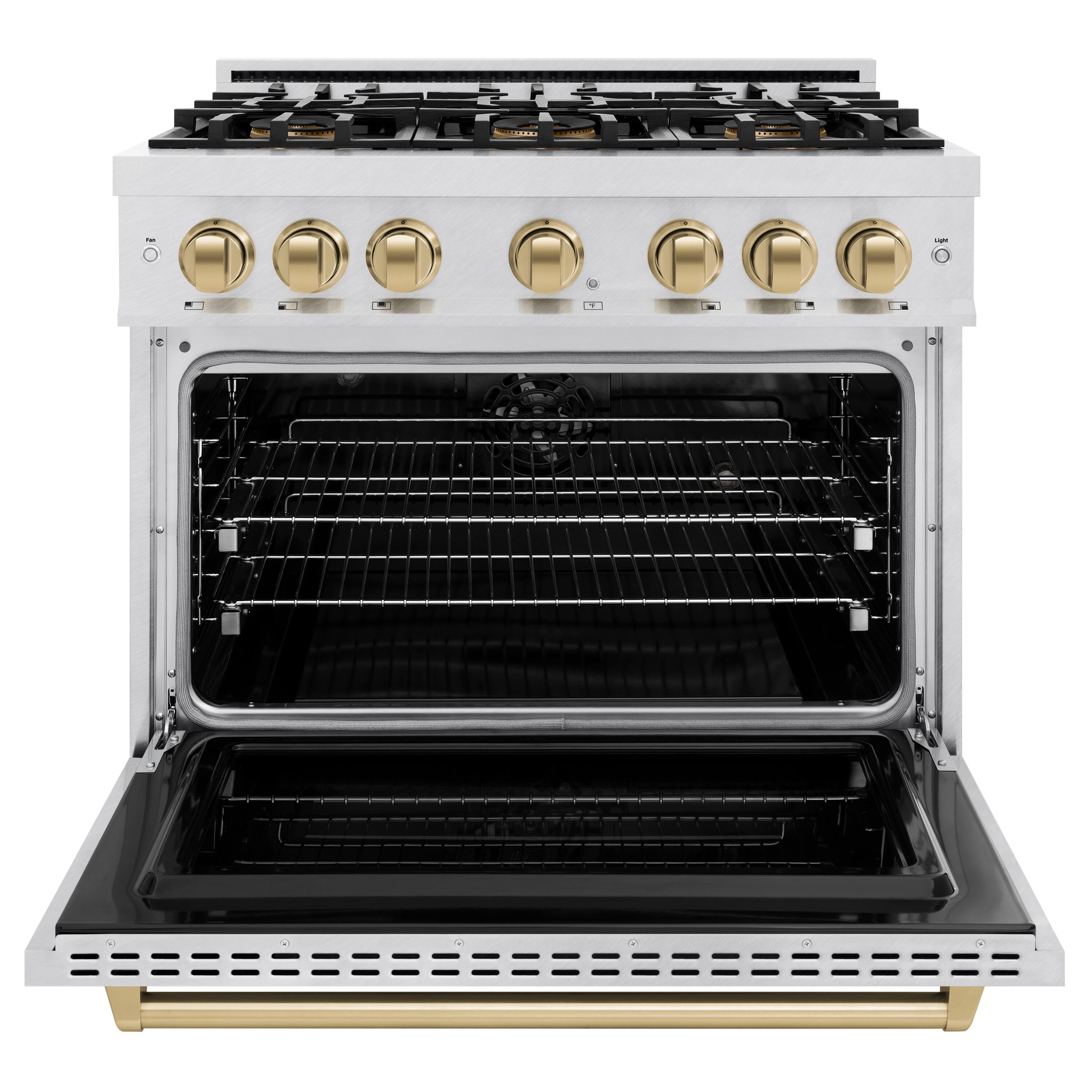 Angle. ZLINE - Autograph 36 in. 5.2 cu. ft. Classic Freestanding DuoPro Dual Fuel Range in Satin Stainless Steel and Bronze Accents - Satin Stainless Steel.