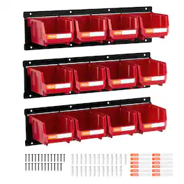 VEVOR - Wall Mounted Storage Bins, 12 Plastic Bins & 3 Metal Rails, Plastic Hanging Stackable Storage Bin for Screws, Nuts - Red