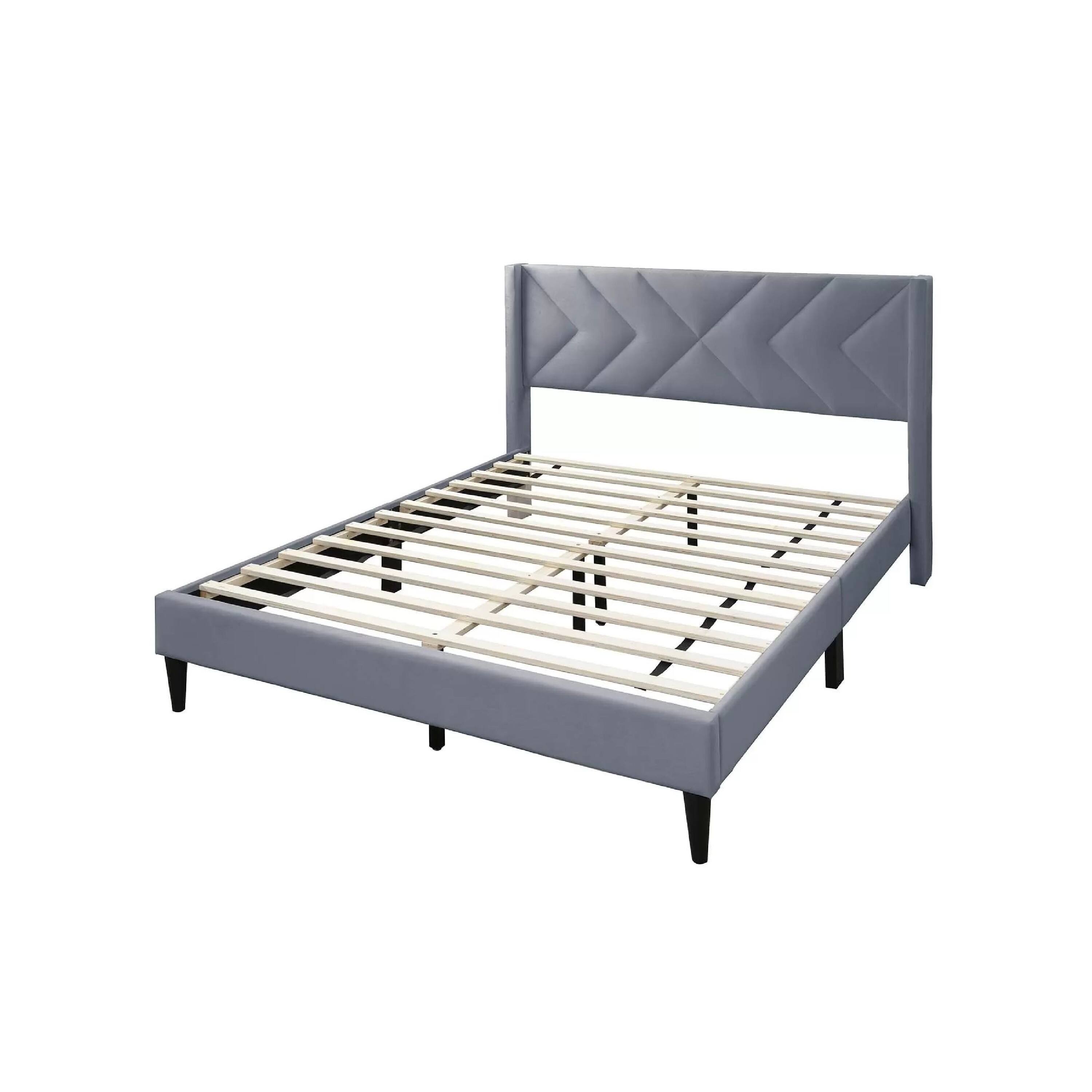 Angle. Manhattan Lane - Niasa Full Size Bed, Chevron Tufted Gray Velvet Upholstered Foam - Gray, Black.