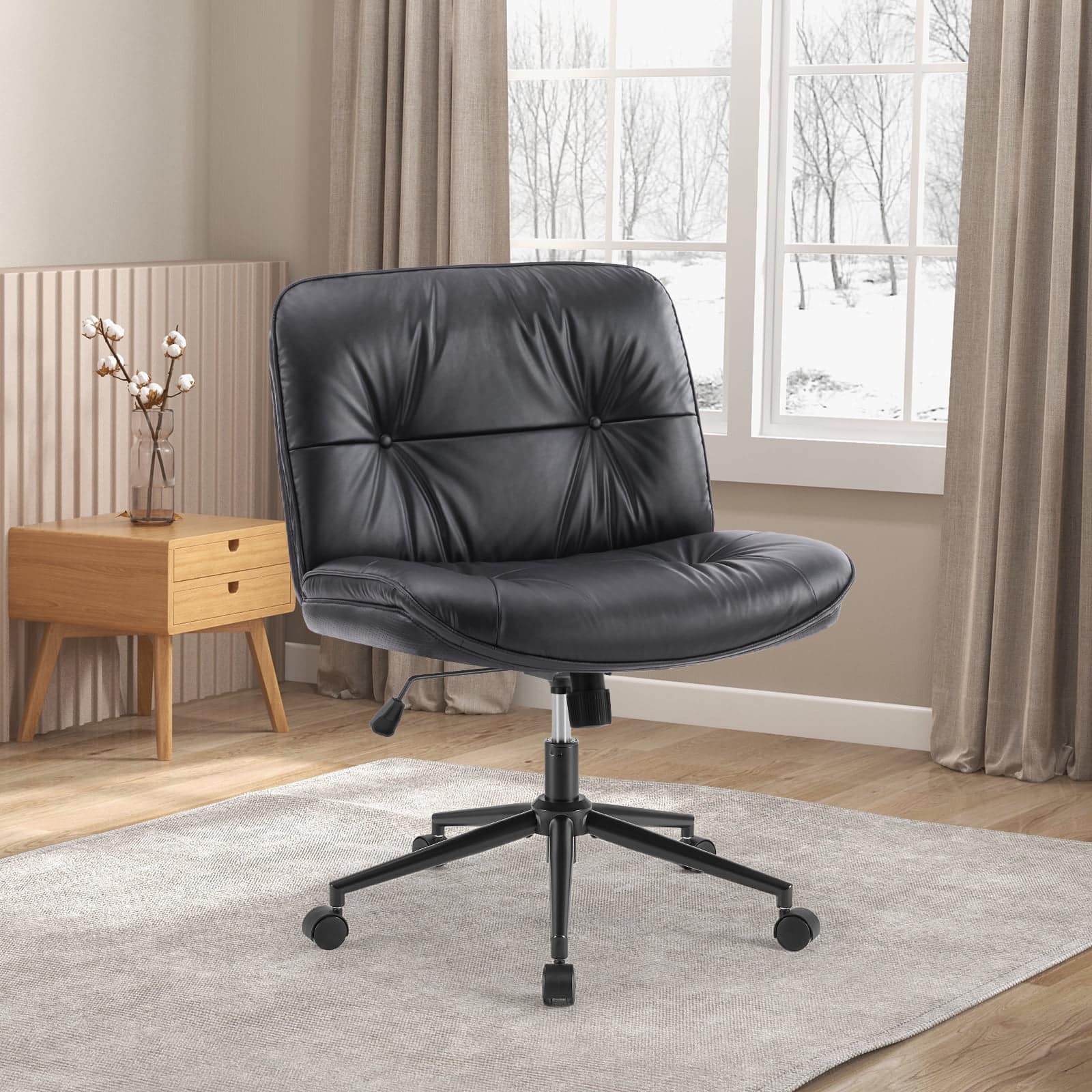 AOITUN - Armless Office Chair with Wheels - Adjustable Swivel, Cross Legged Design, Wide Seat, Ergonomic PU Leather - Black