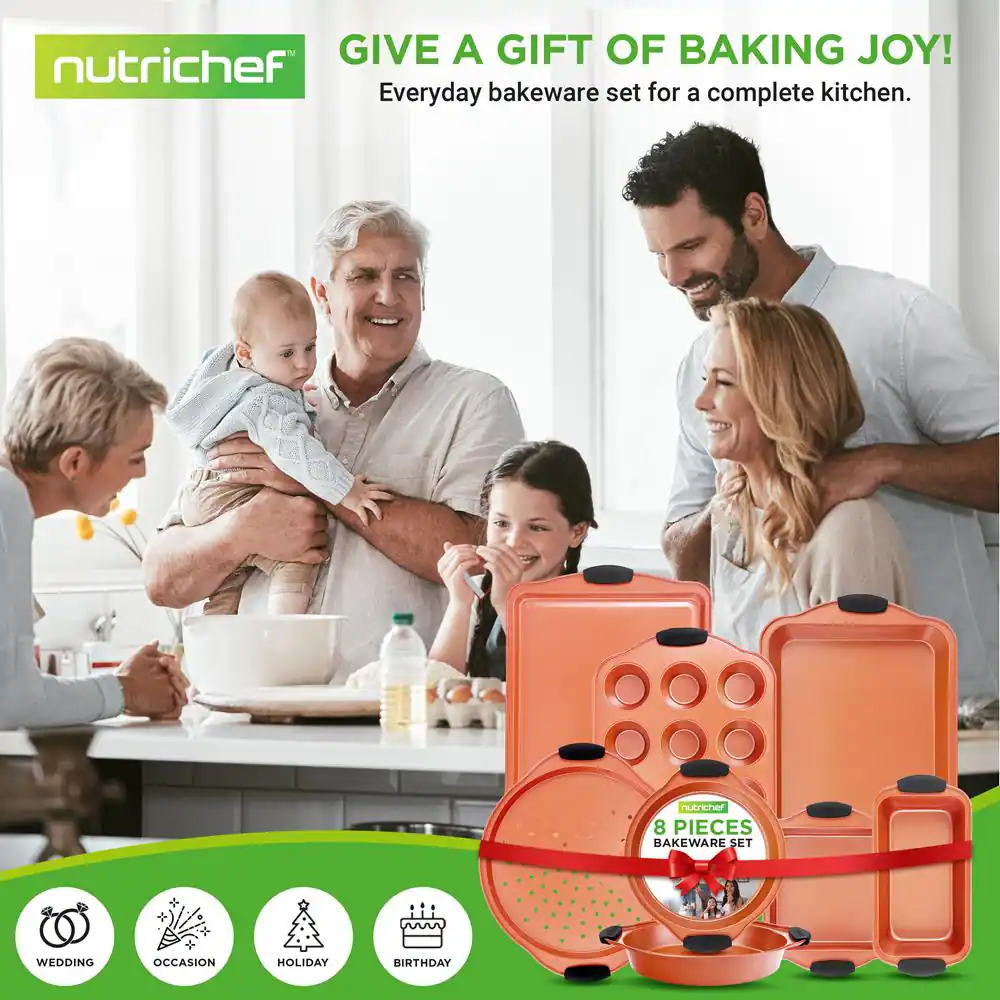 GIVE A GIFT OF BAKING JOY!  
nutrichef Everyday bakeware set for a complete kitchen.  
nutrichef 8 PIECES BAKEWARE SET  

WEDDING  
OCCASION  
HOLIDAY  
BIRTHDAY