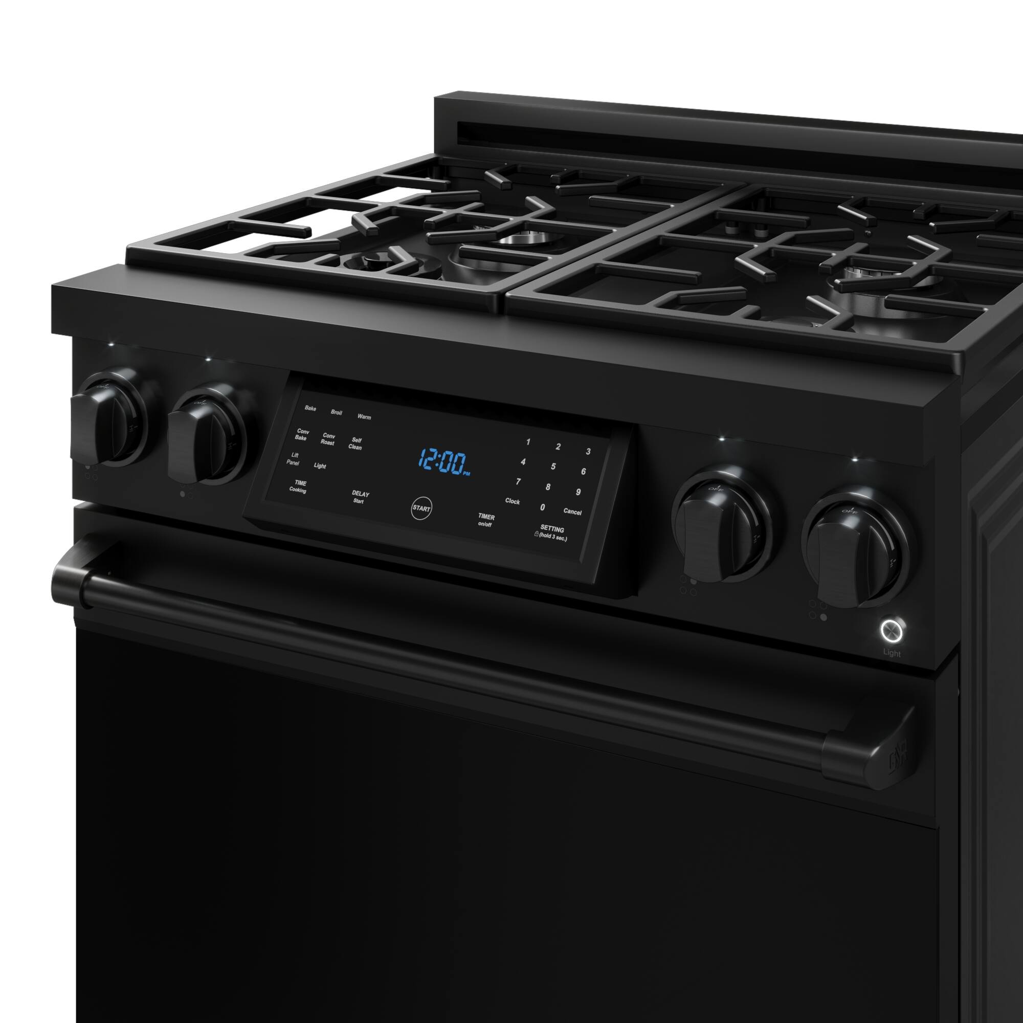 The image shows a black stove with a digital clock on the front. The clock displays the time as 12:00. The stove has a total of four burners, with two on the top and two on the bottom. The burners are arranged in a square pattern, with one burner on each side of the stove. The stove also has a timer function, which can be used for cooking purposes.