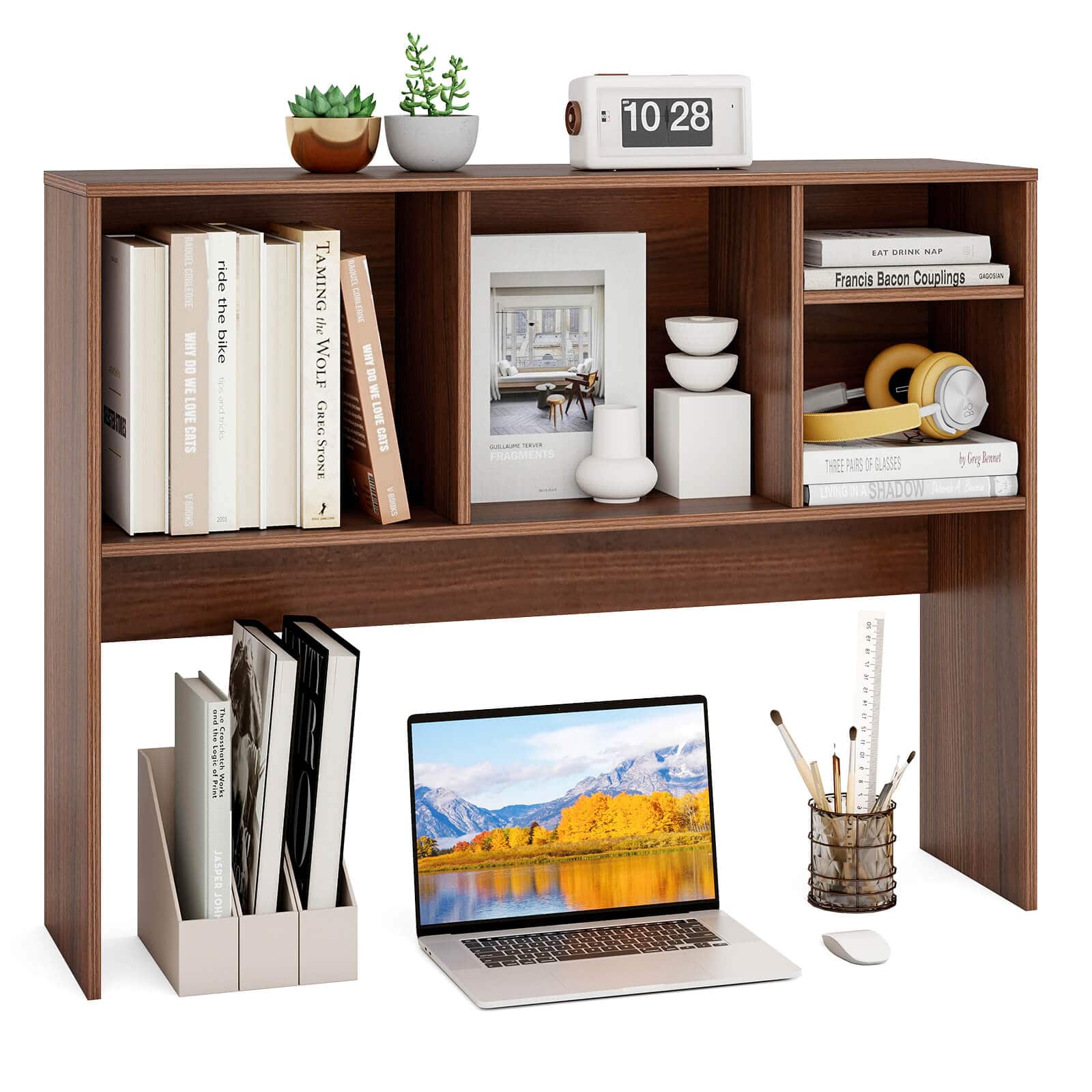 Costway - Computer Desktop Bookcase Countertop Storage Bookshelf Organizer with 4 Cubbies - Walnut