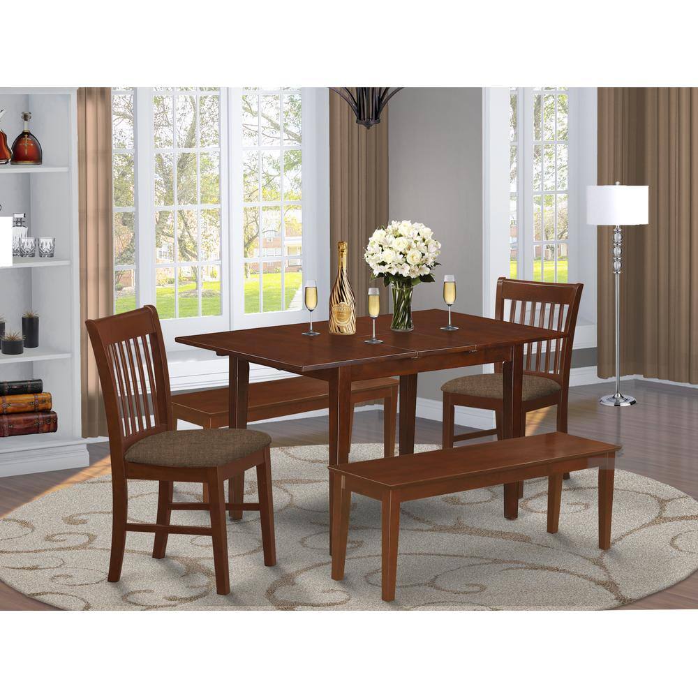 Left. East West Furniture - PSNO5C-MAH-C 5 PC Dining room set- Table with 2 Dining Table Chairs and 2 Benches - Mahogany.