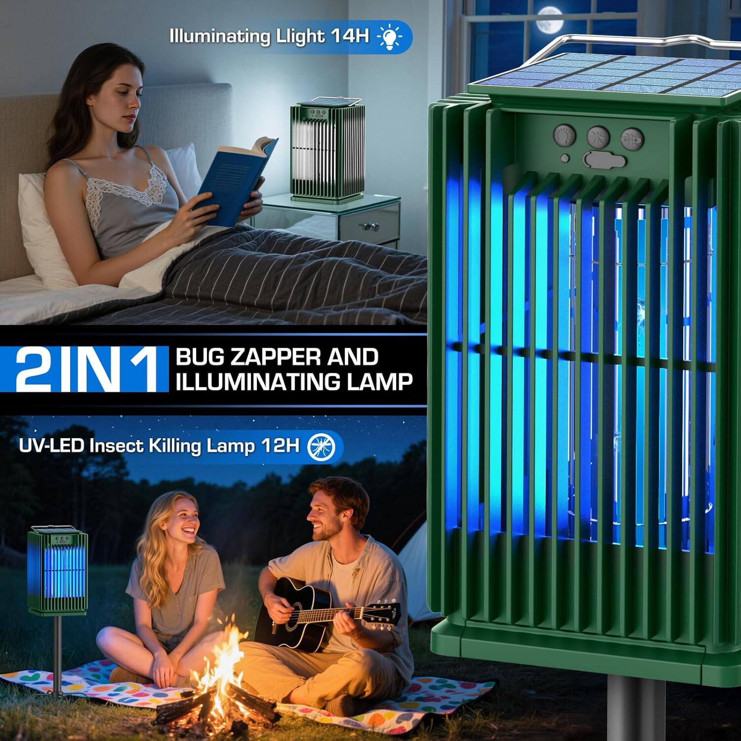 Illuminating Light 14H

2IN1 BUG ZAPPER AND ILLUMINATING LAMP

UV-LED Insect Killing Lamp 12H