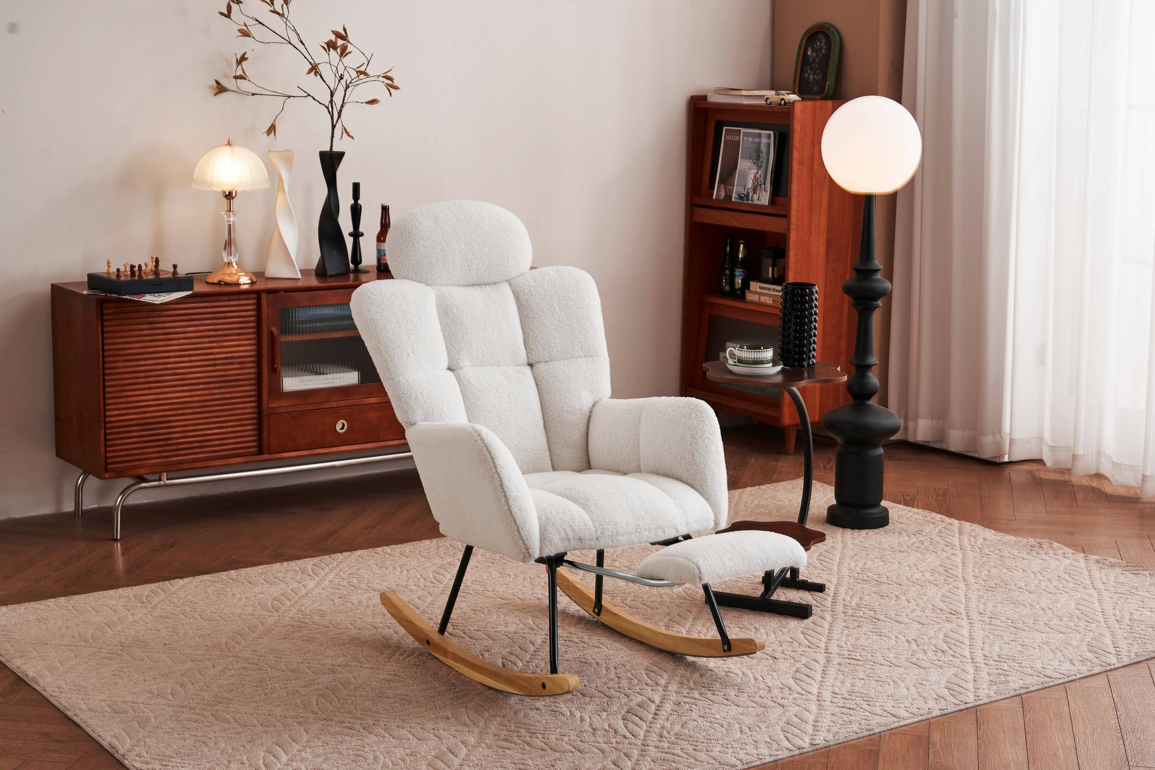 Alt View 4. GOODSILO - Teddy Fabric Upholstered Nursery Rocking Chair with Pillow & Footrest, Modern Accent Armchair - Ivory.