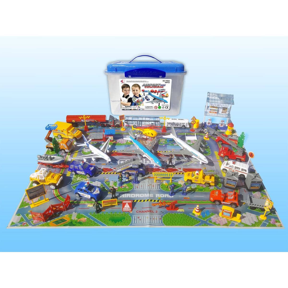 JuzToys - STEM Toys Kids Airplane Toy, 57 Piece Airplane Toy Set with Planes, Trucks & Playmat,Educational Toys for Toddlers - Multi