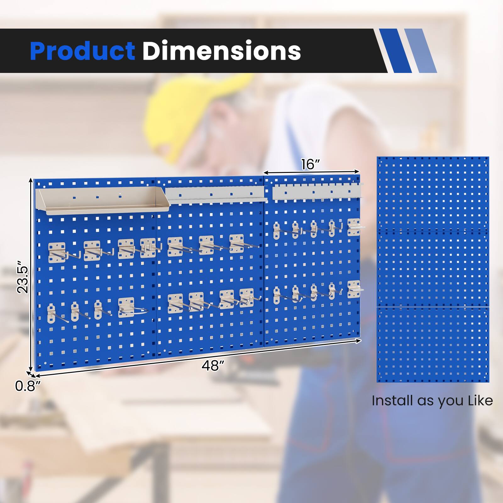 Product Dimensions

- Width: 48"
- Height: 23.5"
- Depth: 0.8"
- Length: 16"

Install as you Like
