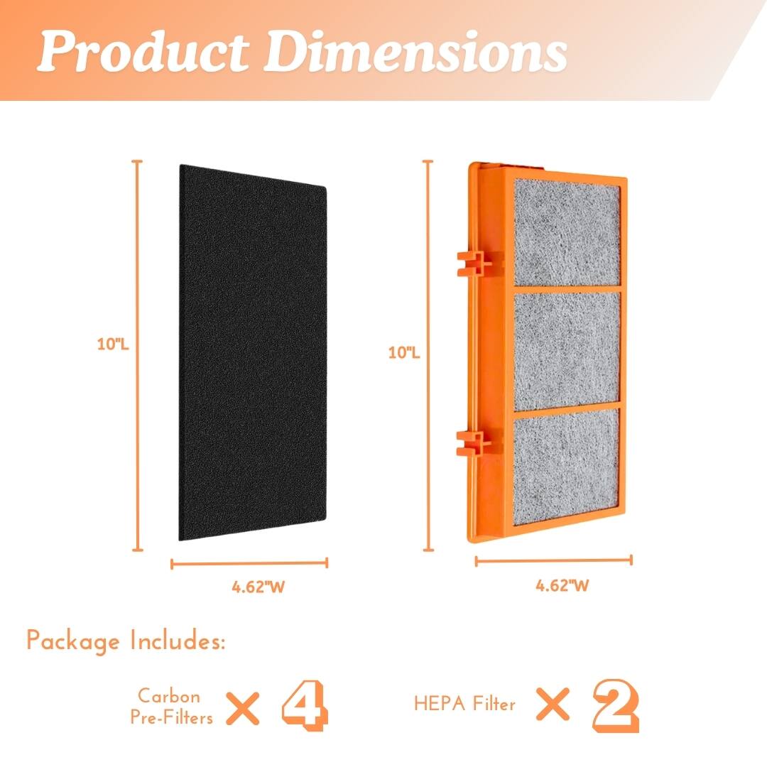 Product Dimensions  
10"L x 4.62"W  

Package Includes:  
Carbon Pre-Filters x 4  
HEPA Filter x 2