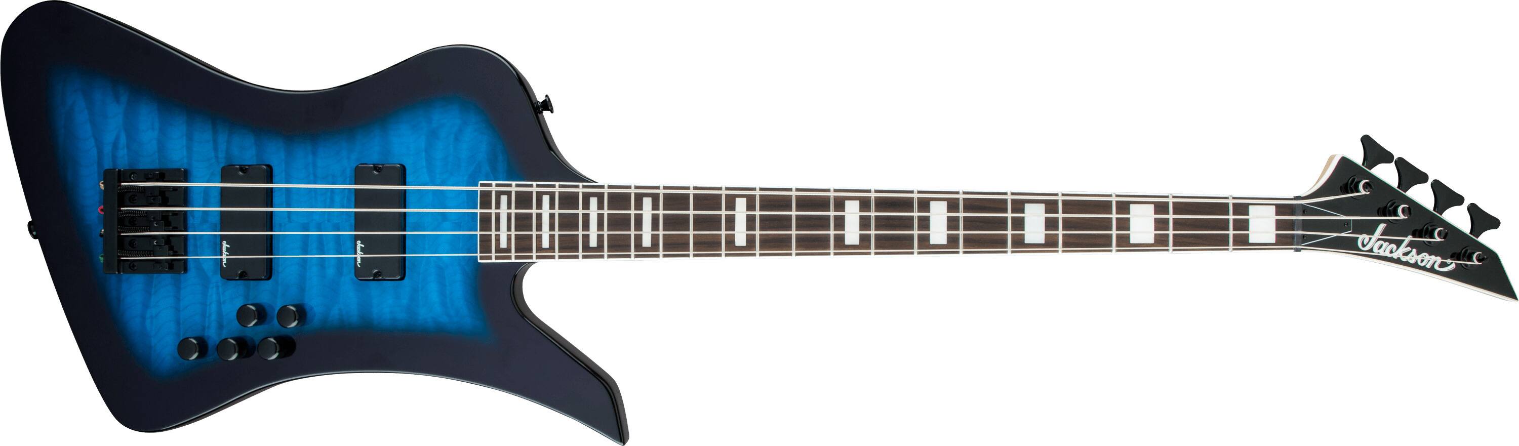 Left. Jackson - Jackson JS Series Kelly Bird JS3Q 4-String Bass Guitar (Transparent Blue Burst).