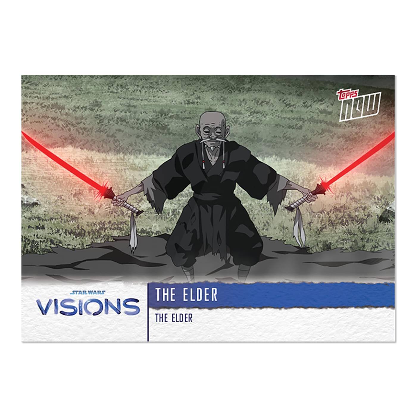 Sure, here is the corrected and grouped text from the image:

- **Top Left:**
  - "STAR WARS"
  - "VISIONS"

- **Center:**
  - "THE ELDER"
  - "THE ELDER"

- **Top Right:**
  - "TOPPS"
  - "NOW"