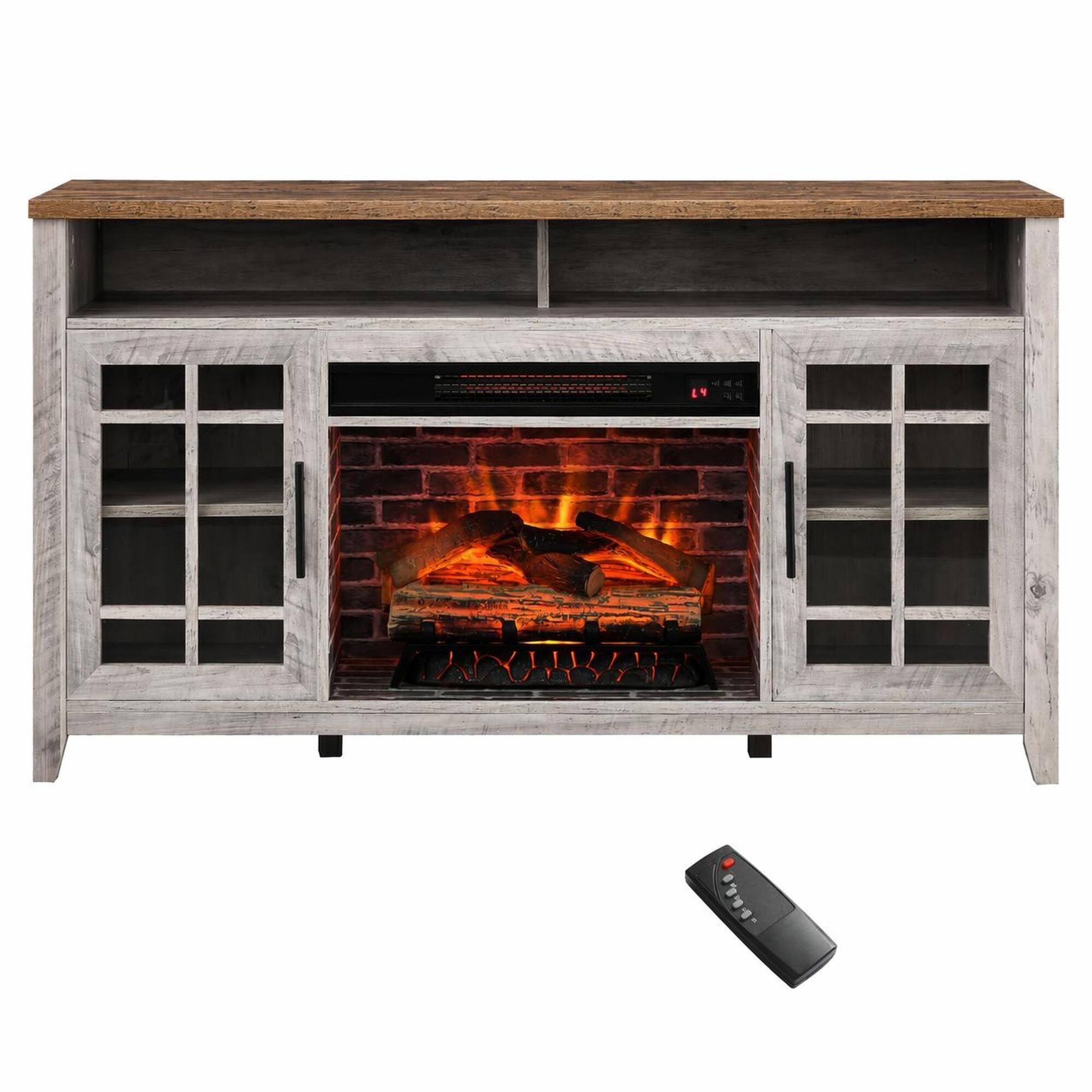 Front. RYHNUYNE - 55 Inch TV Media Stand with Electric Fireplace – KD Insert Heater in Gray Wash for Living Room Bedroom - Gray Wash.