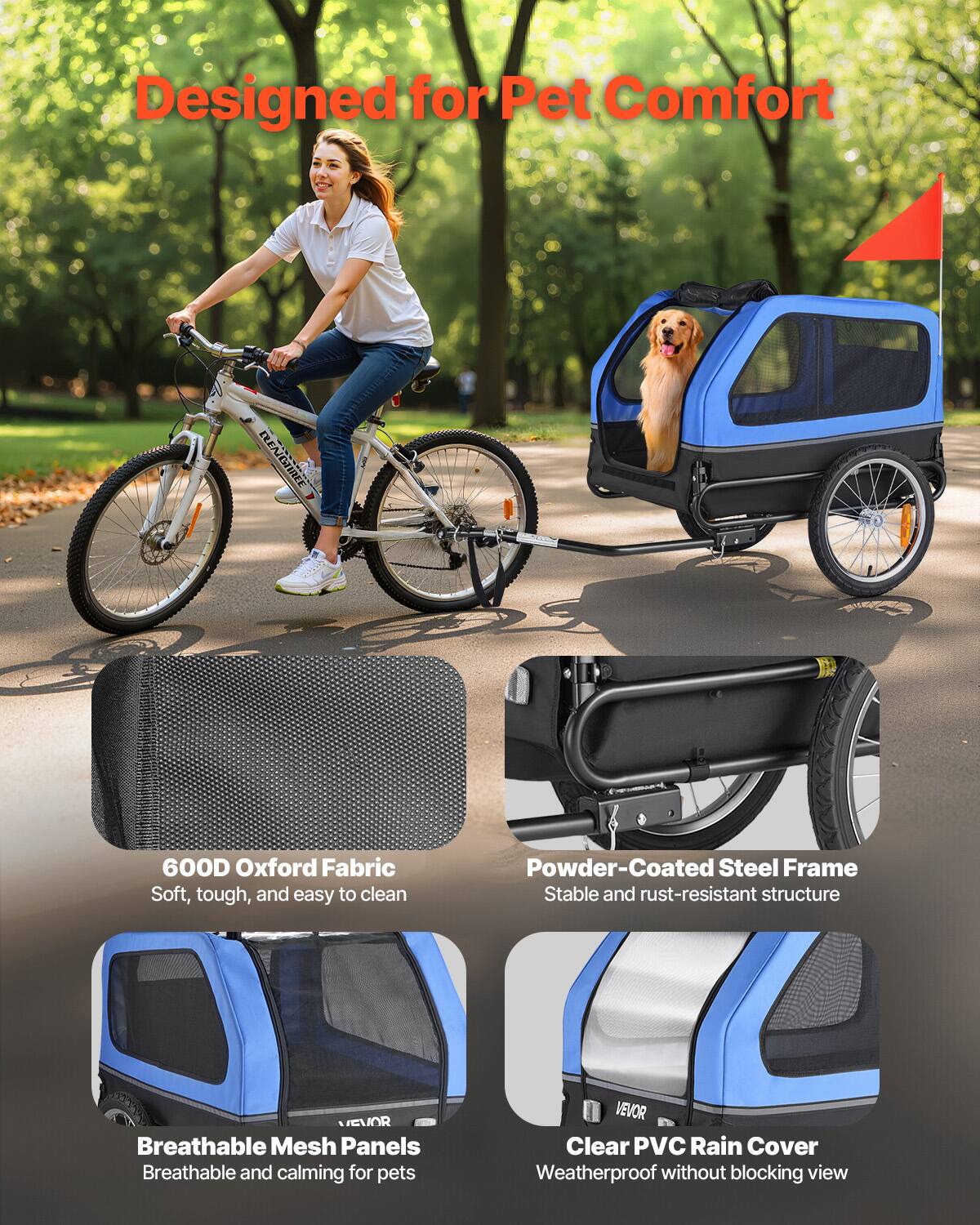 Designed for Pet Comfort

- 600D Oxford Fabric
  - Soft, tough, and easy to clean

- Powder-Coated Steel Frame
  - Stable and rust-resistant structure

- Breathable Mesh Panels
  - Breathable and calming for pets

- Clear PVC Rain Cover
  - Weatherproof without blocking view