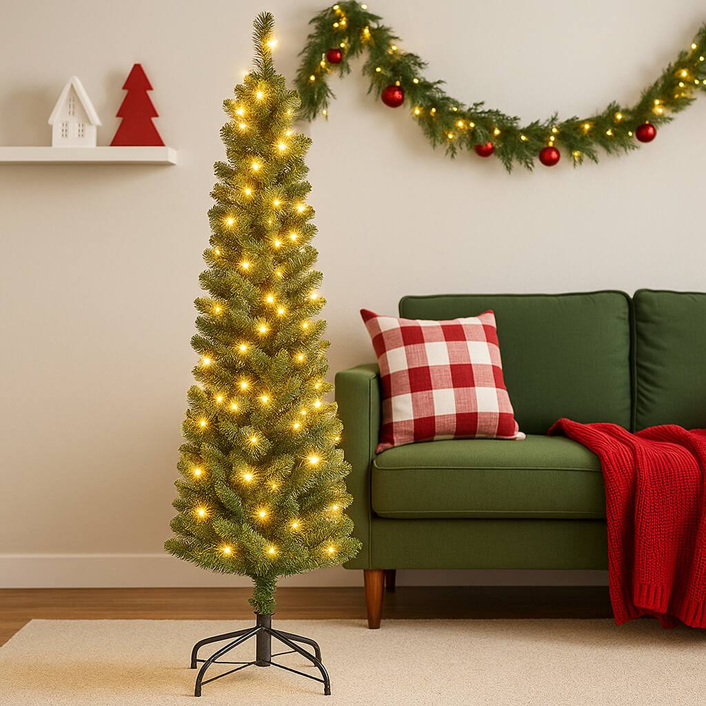 Front. BreeBe - Artificial Pencil Tree with Memory Branch Tips and Warm White LEDs - Green.