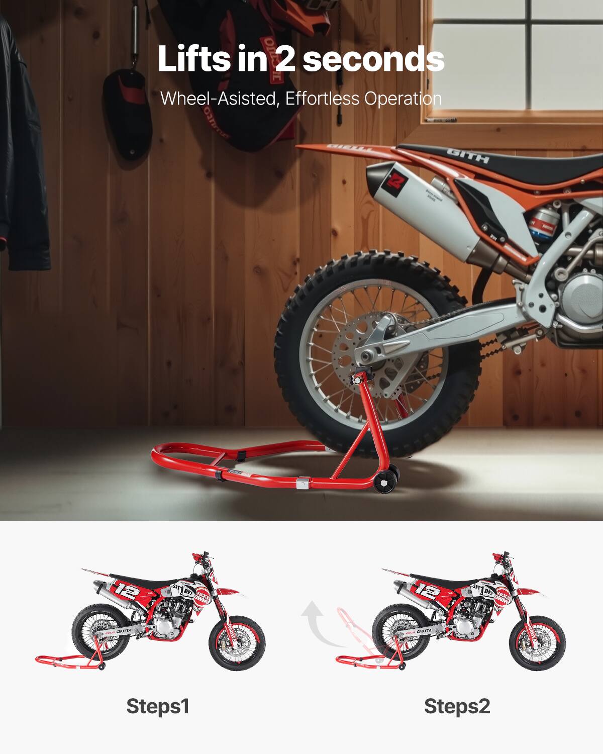 Lifts in 2 seconds  
Wheel-Assisted, Effortless Operation  

Steps1  
Steps2