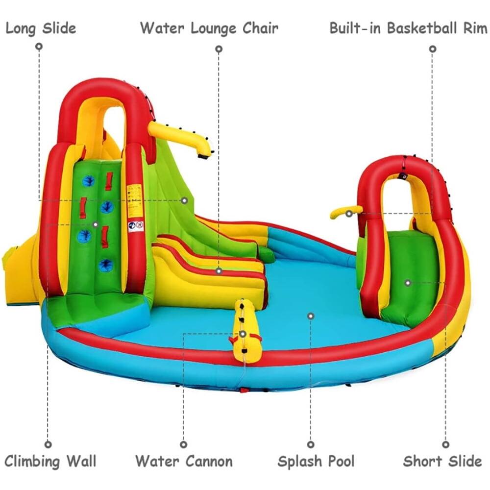 Long Slide  
Water Lounge Chair  
Built-in Basketball Rim  
Climbing Wall  
Water Cannon  
Splash Pool  
Short Slide