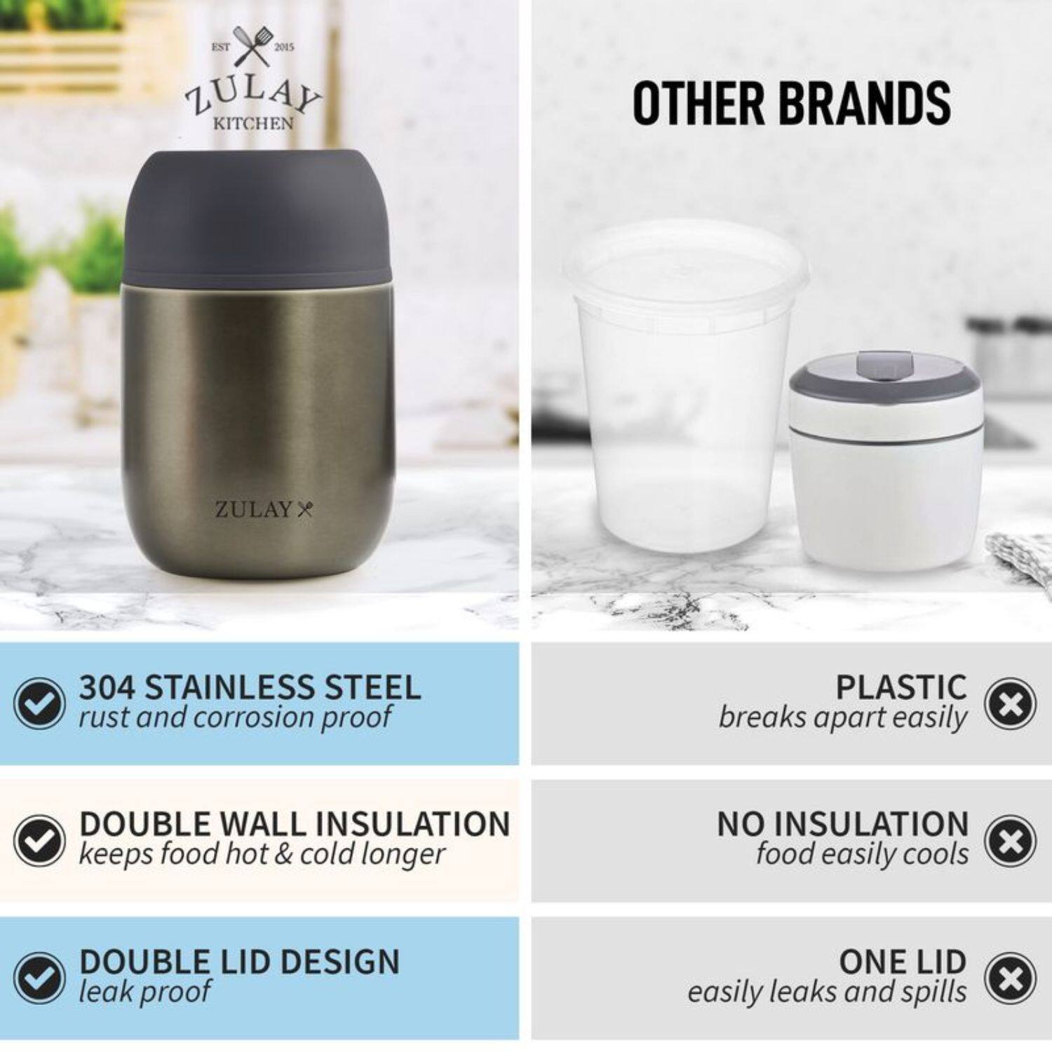ZULAY KITCHEN, ZULAY x, 304 STAINLESS STEEL, PLASTIC, DOUBLE WALL INSULATION, NO INSULATION, DOUBLE LID DESIGN, ONE LID