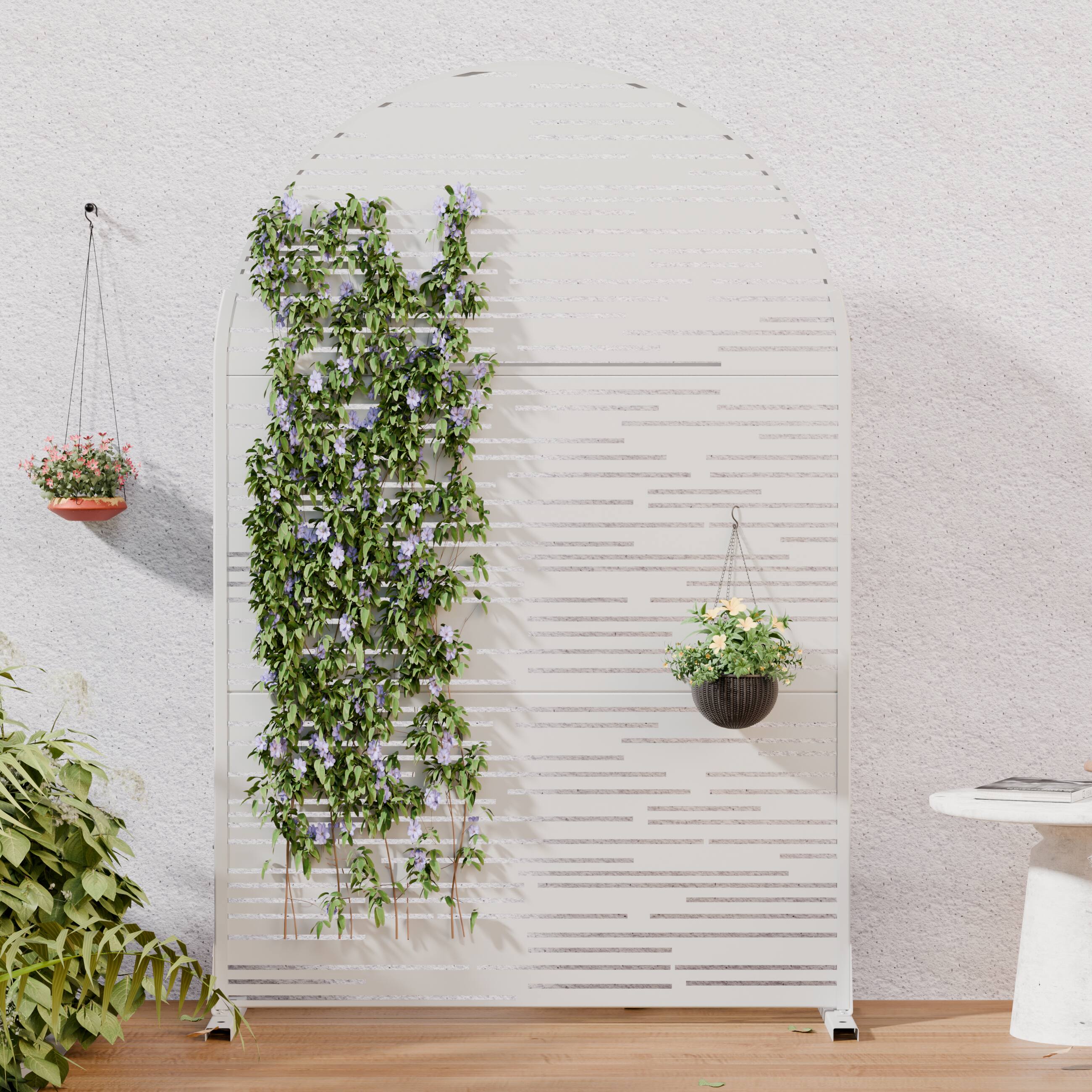 PexFix- Outdoor Privacy Screen Freestanding Metal Privacy Fence Panel with Arch Top Decorative Slatted Design Privacy Screen- White