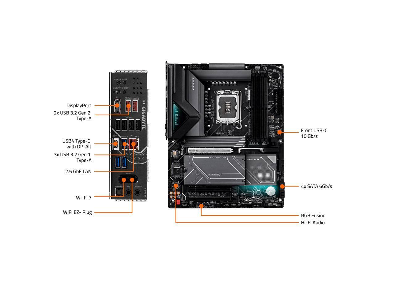 DisplayPort 2x USB 3.2 Gen 2 Type-A USB4 Type-C with DP-Alt 3x USB 3.2 Gen 1 Type-A. GIGABYTE ERGLE E:B 000.8 S.BS MIARTTE Front USB-C 10 Gb/s 2.5 GbE LAN " 4x SATA 6Gb/s Wi-Fi 7 Ad uon WIFI EZ- Plug RGB Fusion Hi-Fi Audio