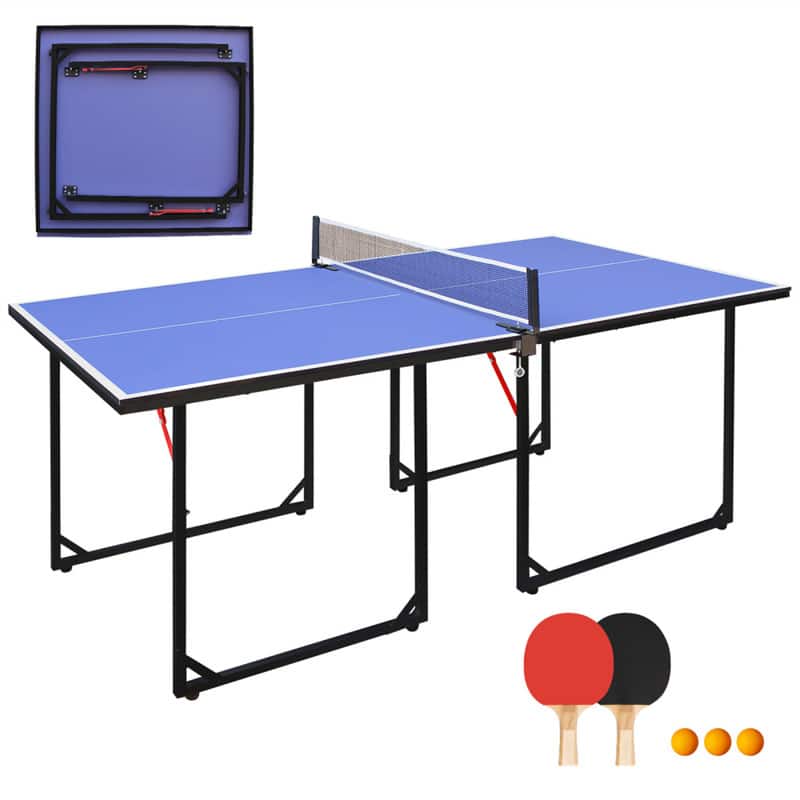HTUTWOO - 6ft Mid-Size Foldable Portable Ping Pong Table Set for Indoor & Outdoor Use - Includes Net, 2 Table Paddles & 3 Ball - Blue+Black