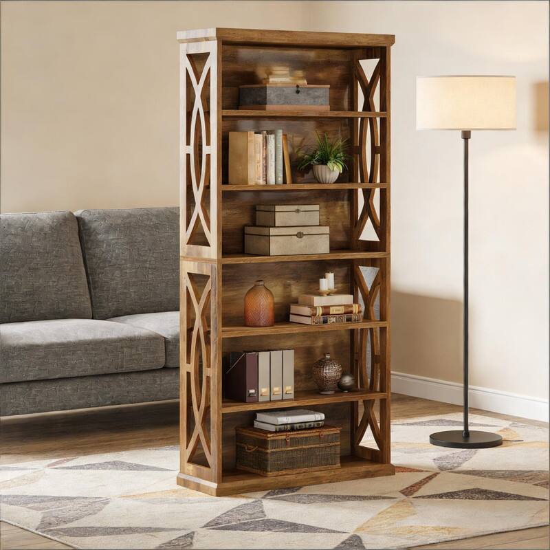Front. HTUTWOO - Classic Wooden Bookshelf, Sturdy Freestanding Bookcase with Elegant Design, Anti-Tipping for Living Room Home Office - Brown.