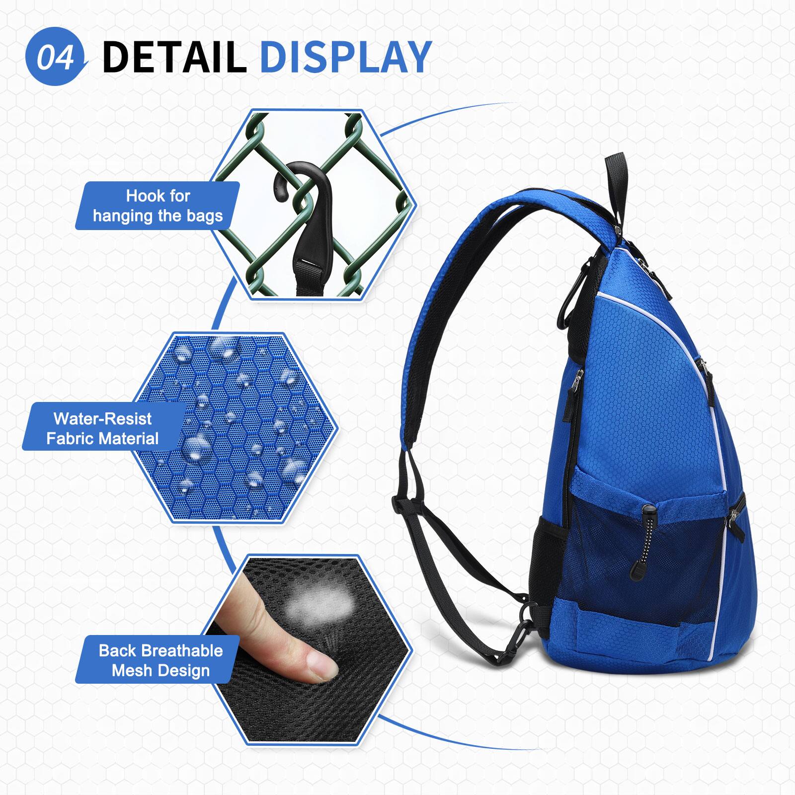 04 DETAIL DISPLAY

- Hook for hanging the bags
- Water-Resist Fabric Material
- Back Breathable Mesh Design