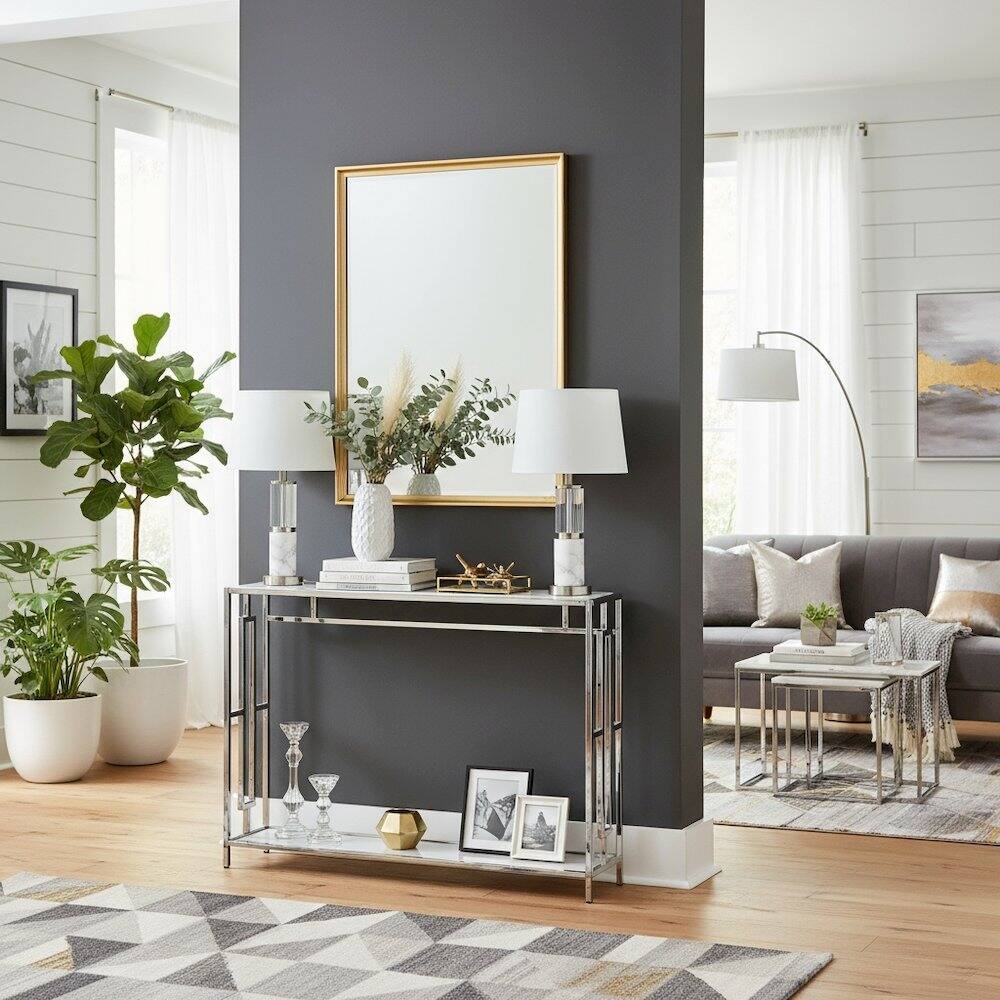 Alt View 1. FurniFact - Console Table, Faux Marble - White Faux Marble.
