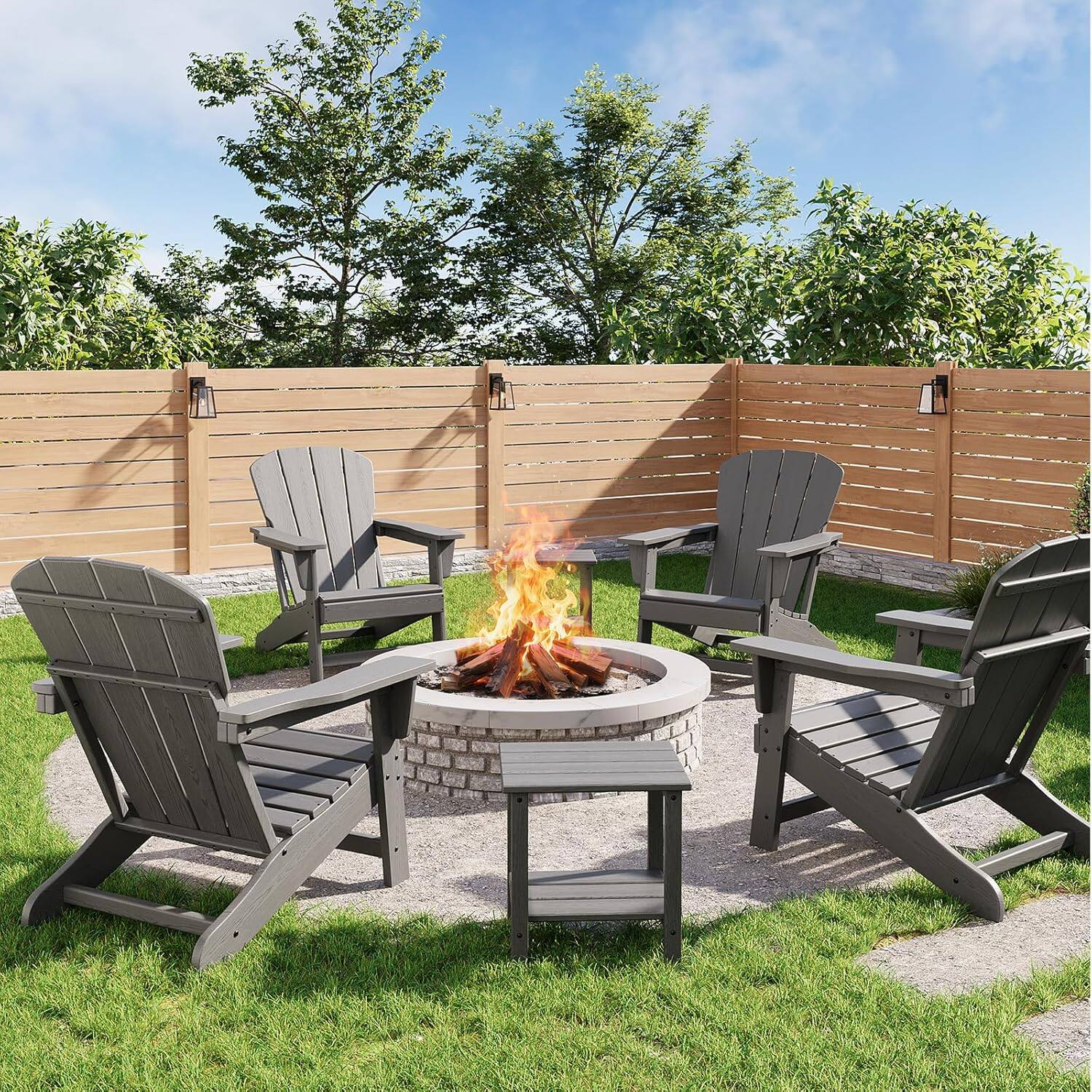 Homhougo - Modern Plastic Adirondack Chair Set of 4 with 2 Side Tables, 380 lb Poly Lumber Patio Chairs - Gray