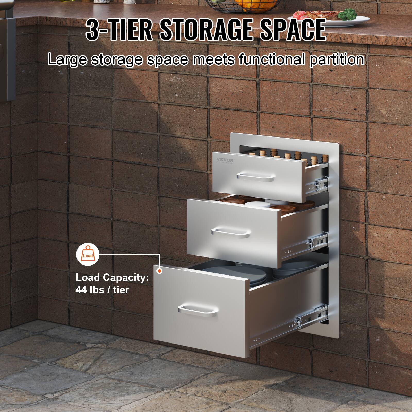 3-TIER STORAGE SPACE  
Large storage space meets functional partition  

Load Capacity:  
44 lbs / tier