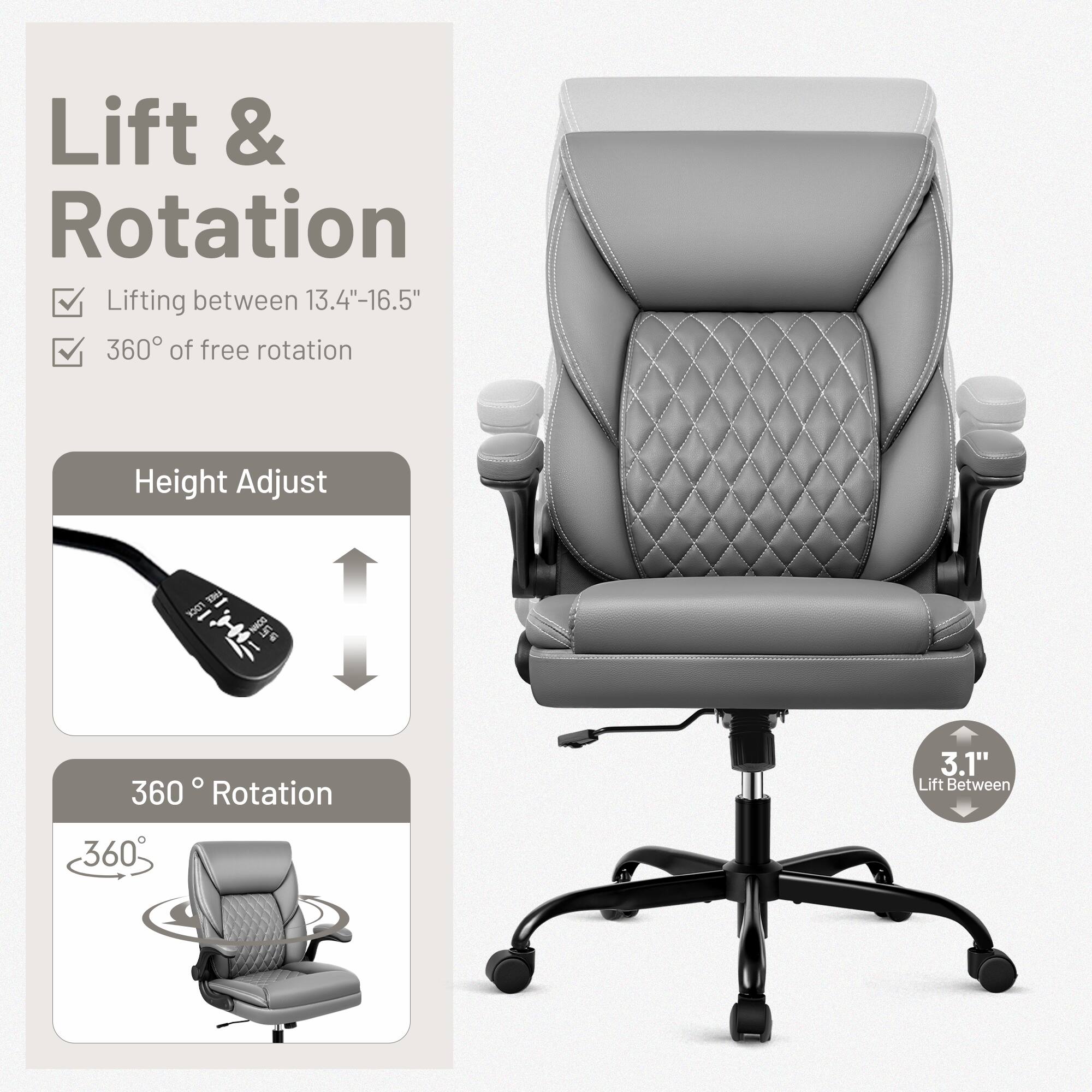 Lift & Rotation  
- Lifting between 13.4"-16.5"  
- 360° of free rotation  

Height Adjust  

360° Rotation  

3.1" Lift Between