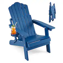 Gymax - Folding Adirondack Chair w/5-Level Backrest Wooden Textured for Lawn Poolside Navy - Blue