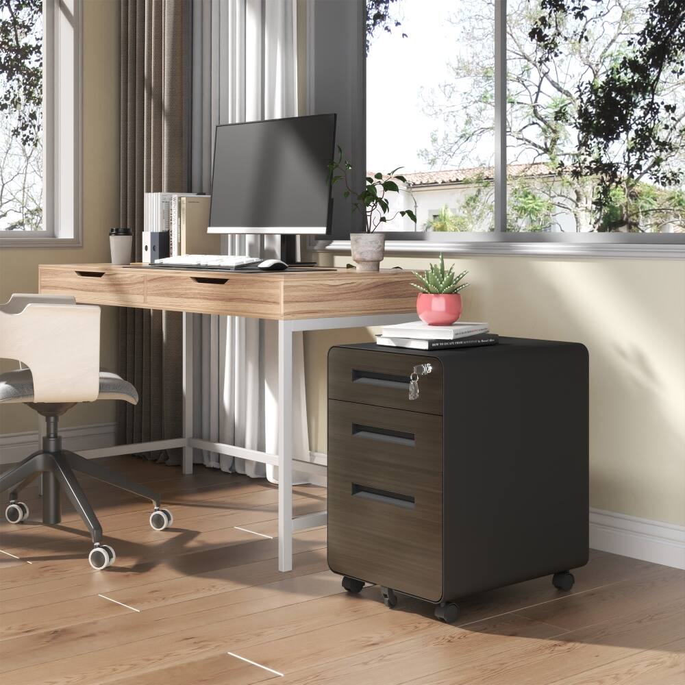 Back. Loheer - Loheer 3-Drawer Mobile File Cabinet with Lock Black Metal Storage Cabinet on Casters Fully Assembled Holds A4 Letter.