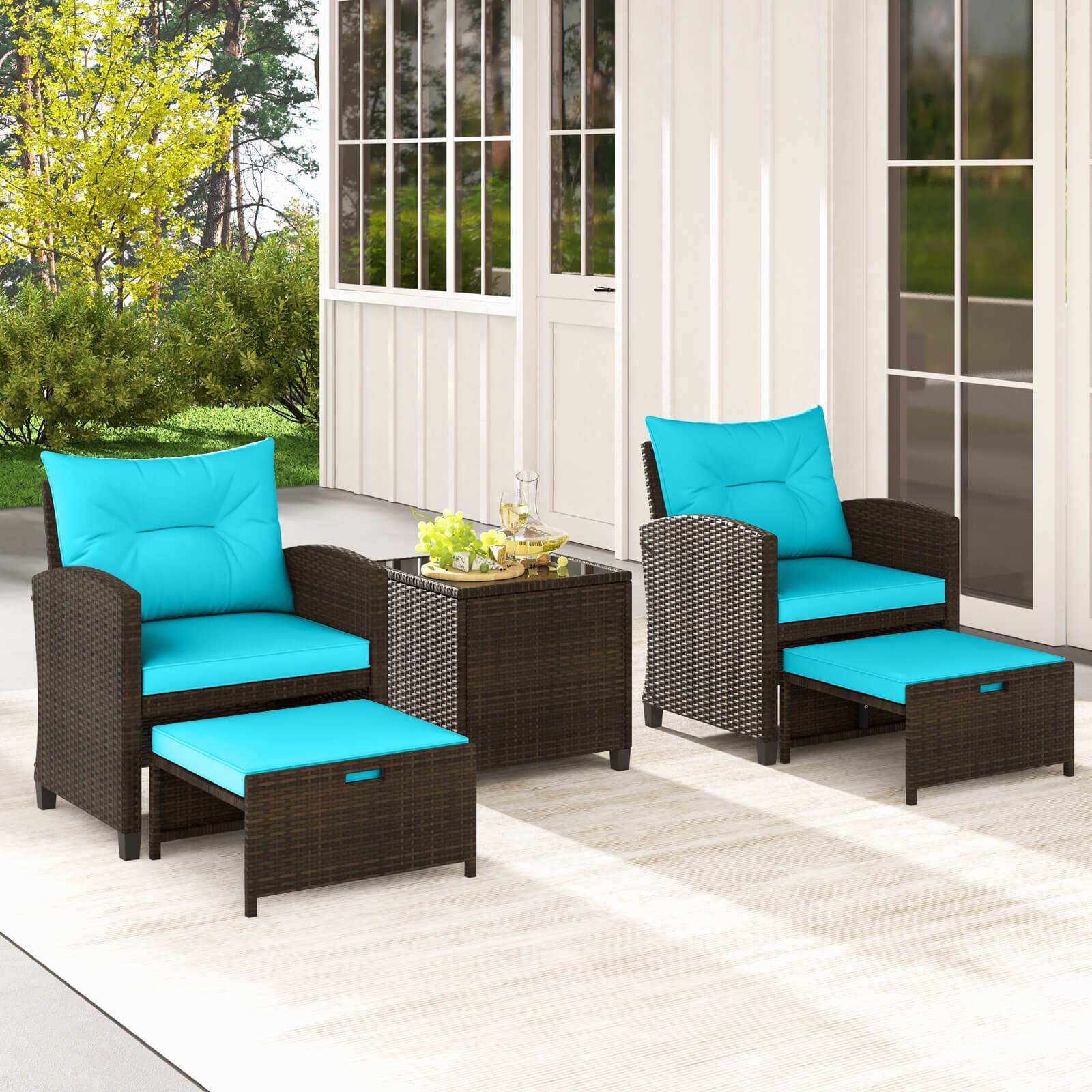 Alt View 3. Costway - Costway 5 PCS Patio Rattan Furniture with 2 Wicker Ottomans & Tempered Glass Coffee Table - Mix Brown + Turquoise.