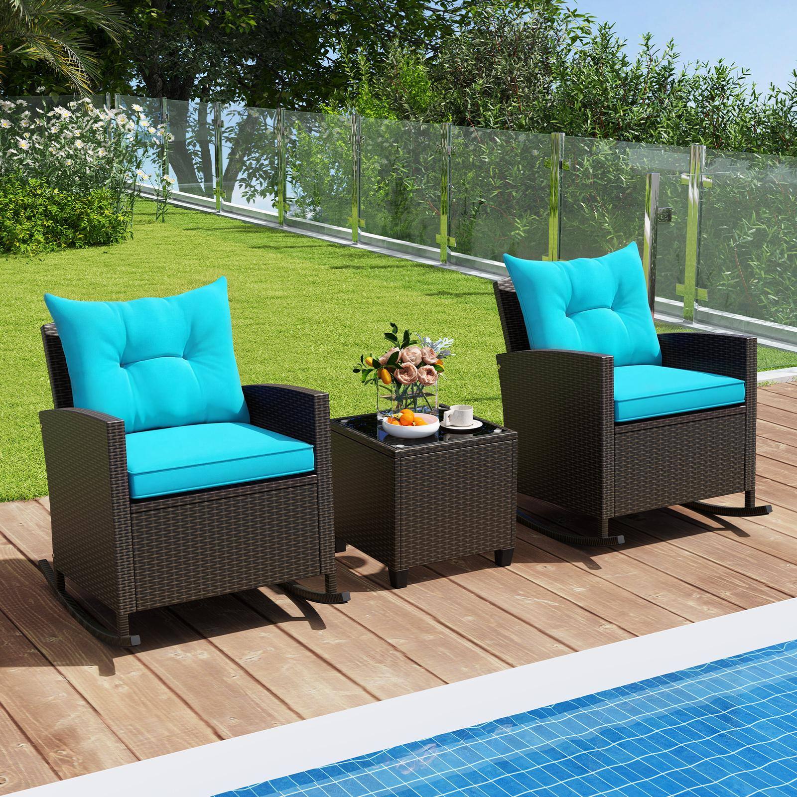 Alt View 3. Costway - Costway 3PCS Patio Wicker Rocking Set with Tempered Glass Table & Soft Cushions Outdoor - Mix Brown+Turquoise.