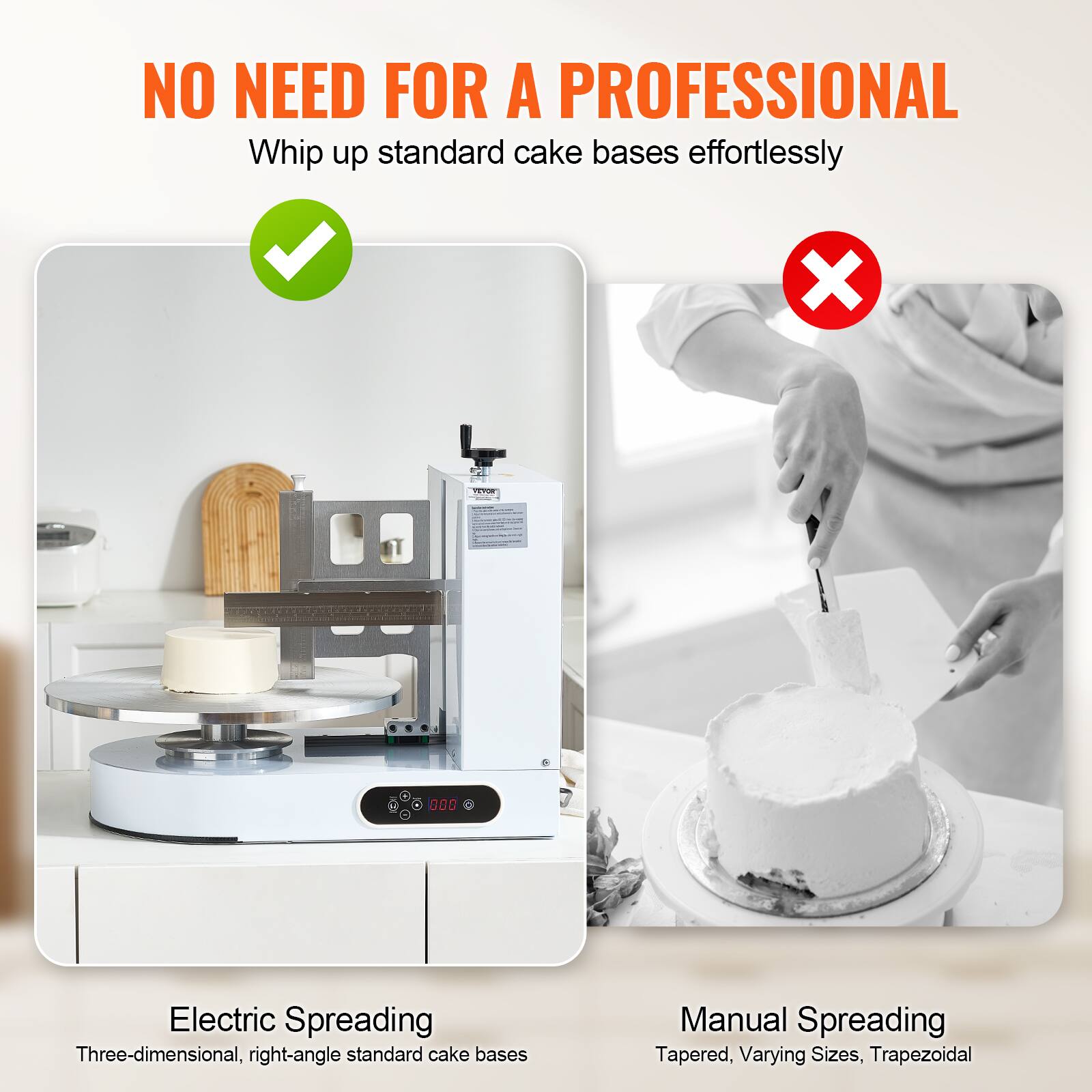 NO NEED FOR A PROFESSIONAL  
Whip up standard cake bases effortlessly

Electric Spreading  
Three-dimensional, right-angle standard cake bases

Manual Spreading  
Tapered, Varying Sizes, Trapezoidal