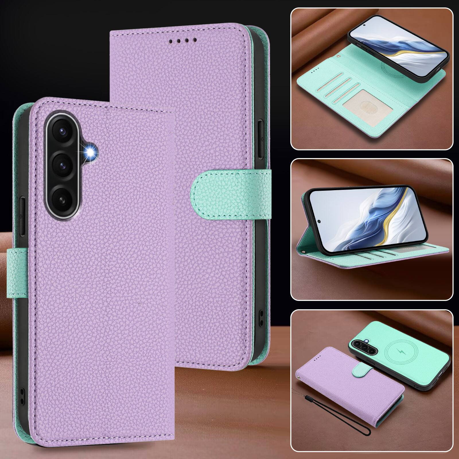 Alt View 5. Dteck - Magnetic Detachable Wallet Case for Samsung Galaxy A17 5G,PU Leather Card Holder Flip Cover with Wrist Strap - Purple.