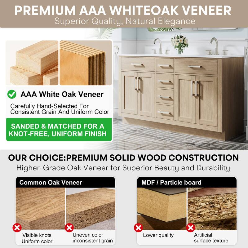 PREMIUM AAA WHITEOAK VENEER  
Superior Quality, Natural Elegance  

AAA White Oak Veneer  
Carefully Hand-Selected For Consistent Grain And Uniform Color  

SANDED & MATCHED FOR A KNOT-FREE, UNIFORM FINISH  

OUR CHOICE: PREMIUM SOLID WOOD CONSTRUCTION  
Higher-Grade Oak Veneer for Superior Beauty and Durability  

Common Oak Veneer  
- Visible knots  
- Uneven color  
- Inconsistent grain  

MDF / Particle board  
- Lower quality  
- Artificial surface texture
