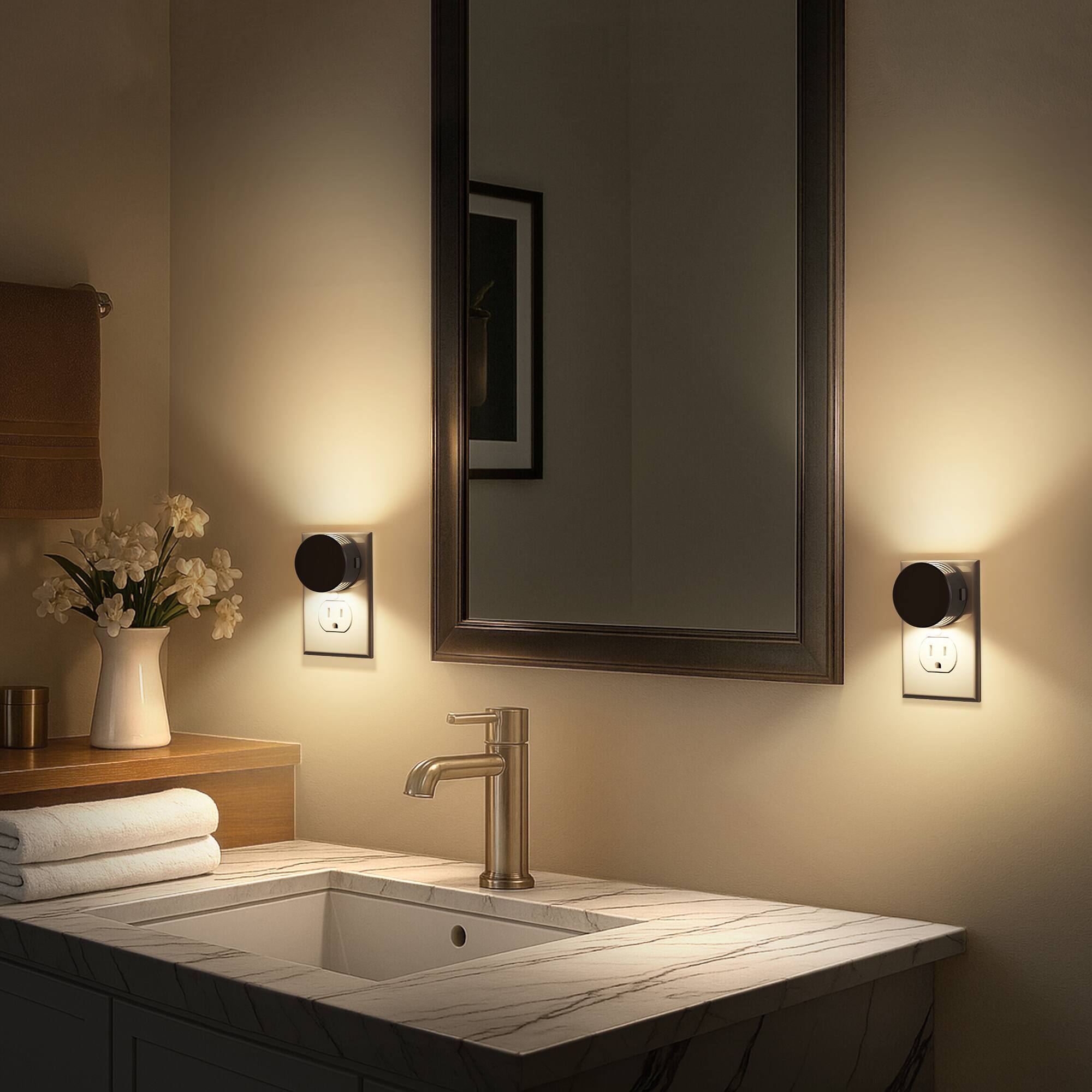 Left. Jandcase - JANDCASE 2-Pack 1W  Plug-in Night Light, 3000K Warm Glow, Up/Down Light, 3-Step Dimming, Color Memory, Dusk-to-Dawn - Black.