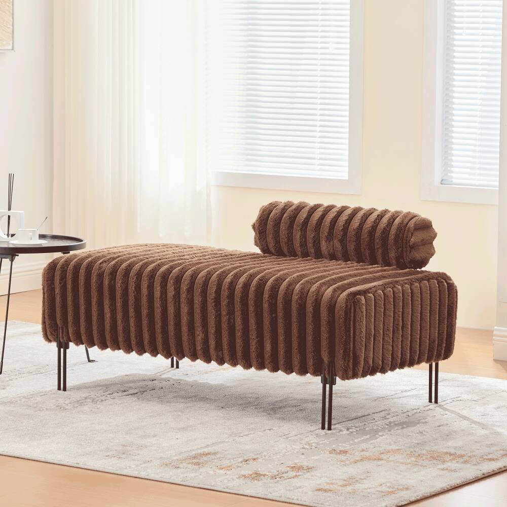 Front. Ropilly - Ropilly Brown Upholstered Mini Loveseat Adjustable Back Bedroom Bench Small Sofa Metal Leg Window Ottoman Footrest - Brown.
