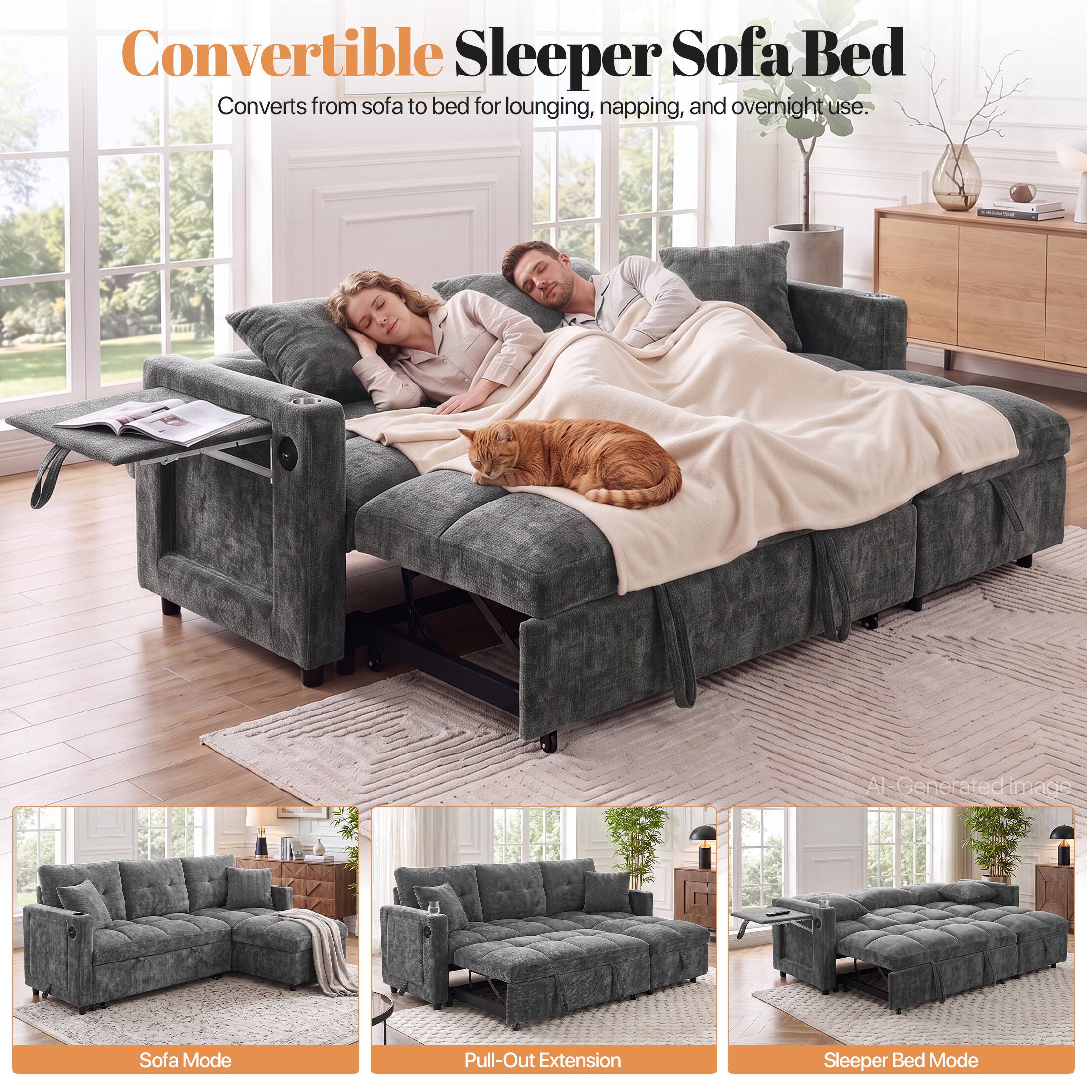 Convertible Sleeper Sofa Bed  
Converts from sofa to bed for lounging, napping, and overnight use.  

Sofa Mode  
Pull-Out Extension  
Sleeper Bed Mode