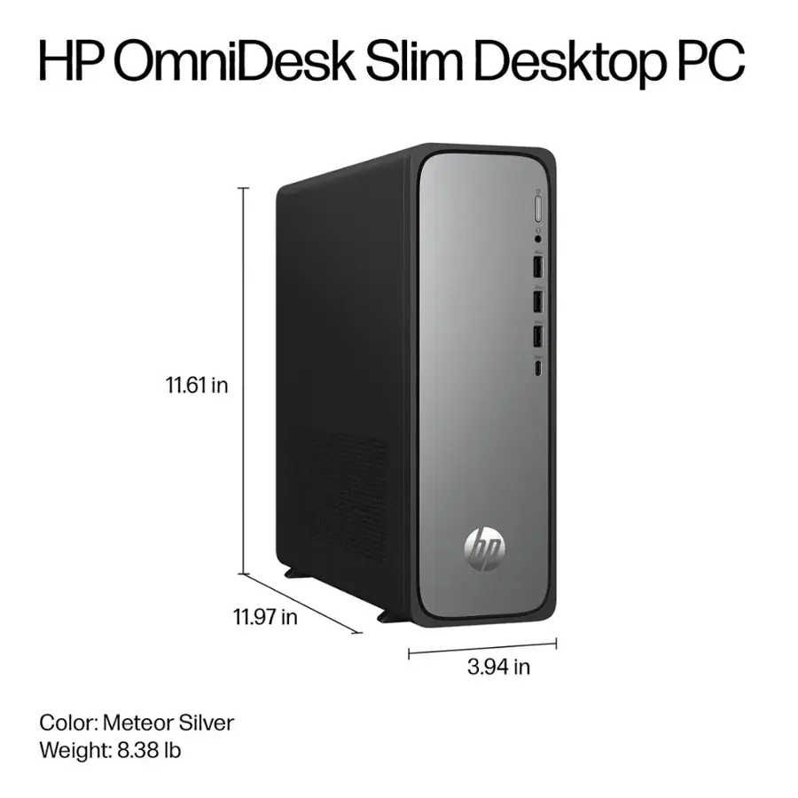HP OmniDesk Slim Desktop PC is a desktop computer that measures 11.61 inches in height, 11.97 inches in width, and 3.94 inches in depth. The color of the computer is Meteor Silver, and it weighs 8.38 pounds.