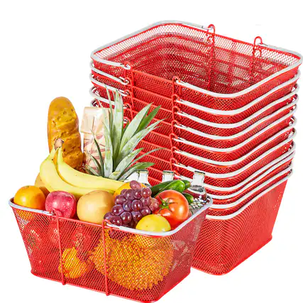 Front. VEVOR - Shopping Baskets, 12 PCS, 22L Stackable Metal Grocery Baskets with Handles, Dense Mesh Structure, Holds up to 44 lbs - Red.