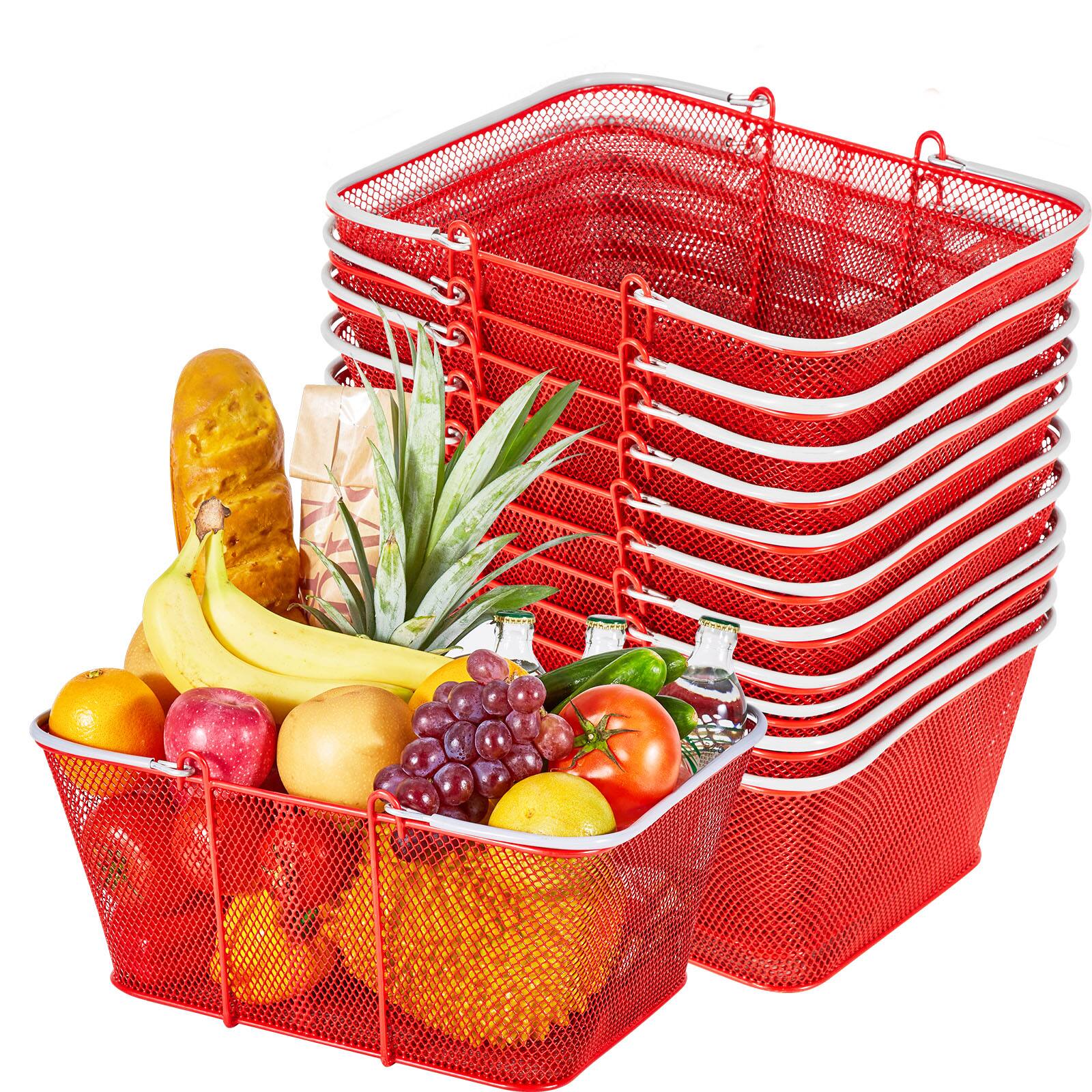 Front. VEVOR - Shopping Baskets, 12 PCS, 22L Stackable Metal Grocery Baskets with Handles, Dense Mesh Structure, Holds up to 44 lbs - Red.