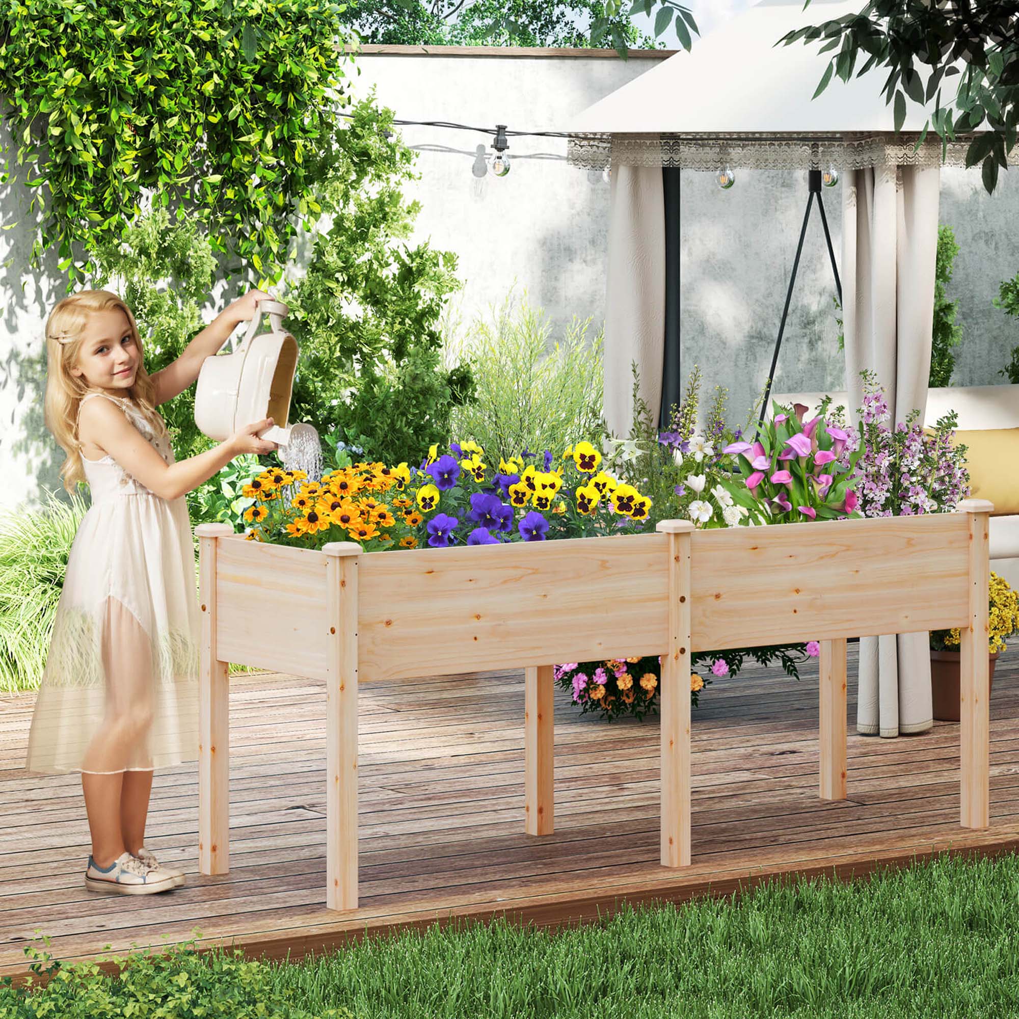 Alt View 4. Costway - Raised Garden Bed Elevated Fir Wood Planter Box with 2 Large Planting Areas - Beige.