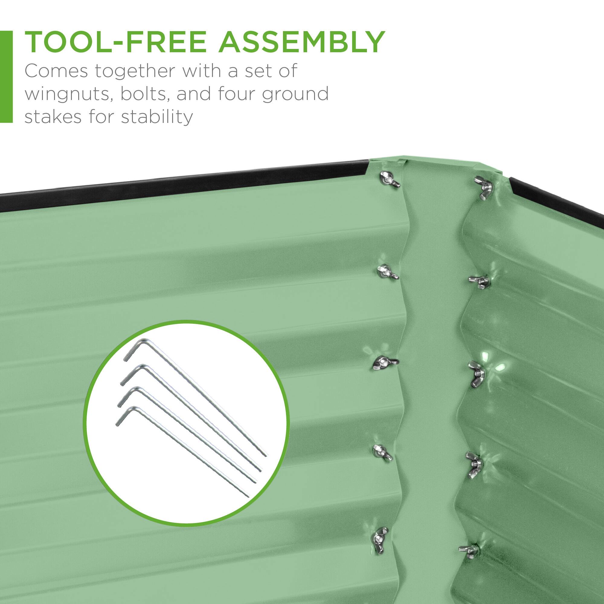 TOOL-FREE ASSEMBLY  
Comes together with a set of wingnuts, bolts, and four ground stakes for stability
