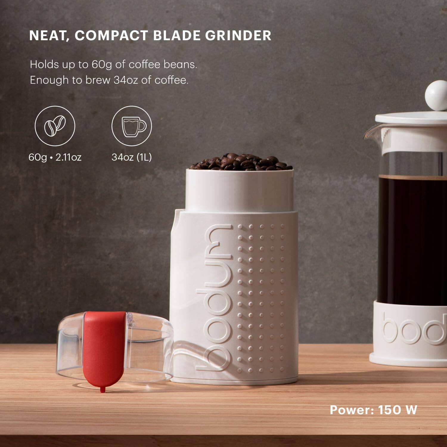 NEAT, COMPACT BLADE GRINDER

Holds up to 60g of coffee beans.  
Enough to brew 34oz of coffee.

60g • 2.11oz  
34oz (1L)

Power: 150 W