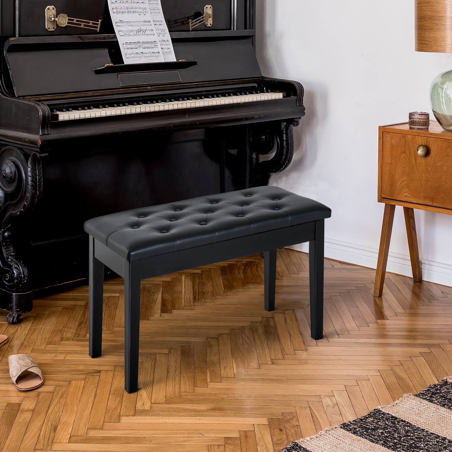 Back. Homcom - Piano Bench, Duet Piano Chair with Faux Leather Padded Cushion and Wooden Frame, Button Tufted Keyboard Bench - Black.