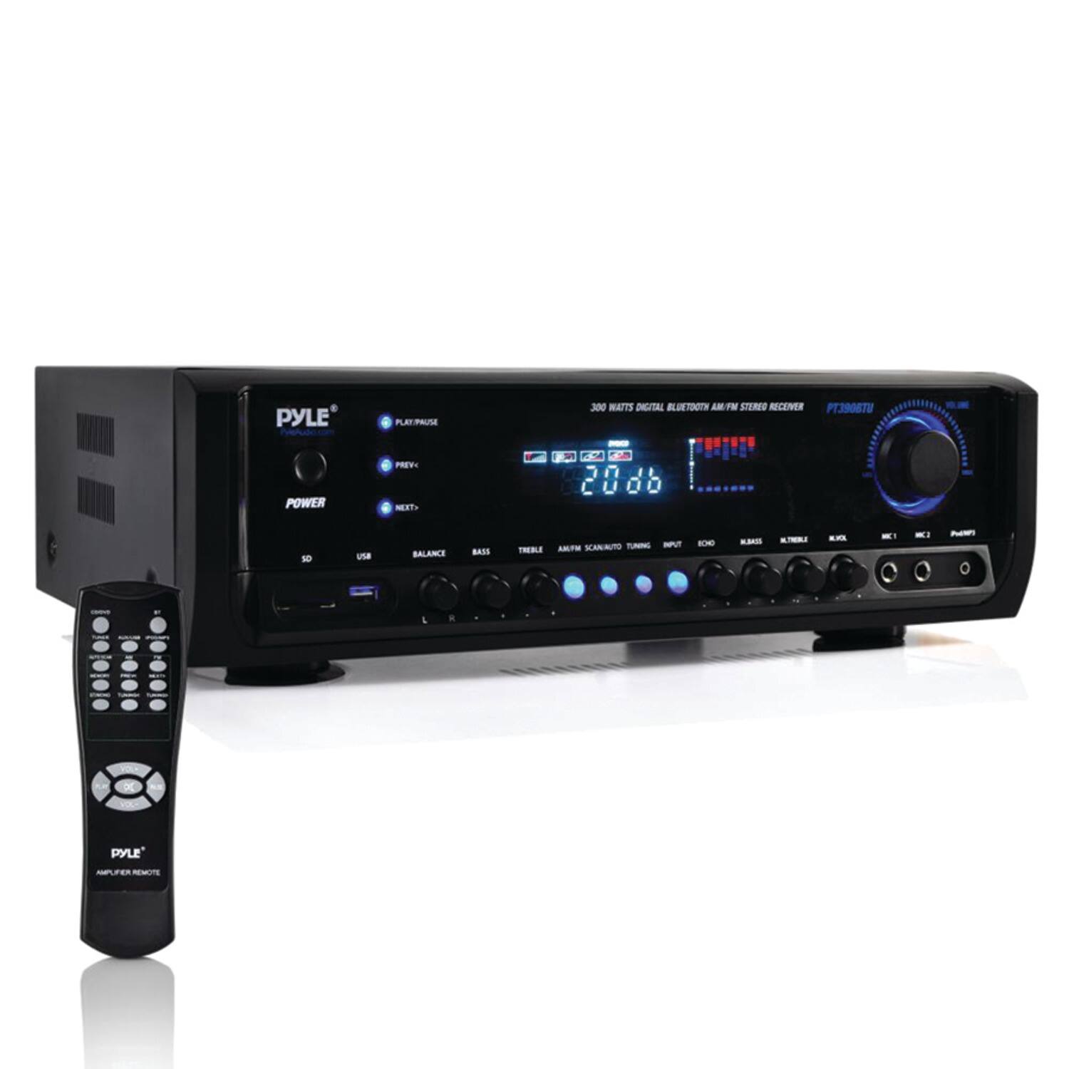 The image features a PYLE brand stereo system with a remote control placed next to it. The stereo system has a digital display and a clock, providing both entertainment and timekeeping functions. The remote control is positioned to the left of the stereo system, ready for use.