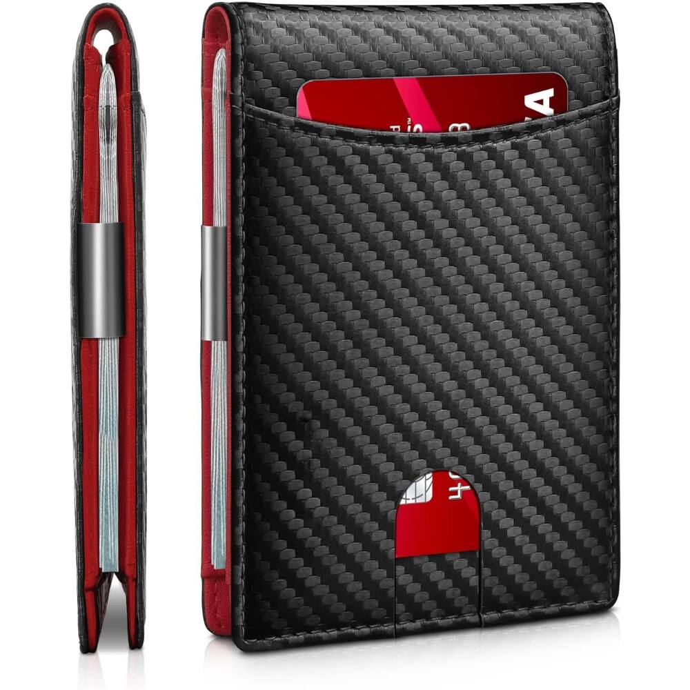 Front. ZUQIETA - ZUQIETA Novelty Gift Set - Slim RFID Blocking Bifold Wallet with 11 Card Slots for Front Pocket - Carbon Black n Red.