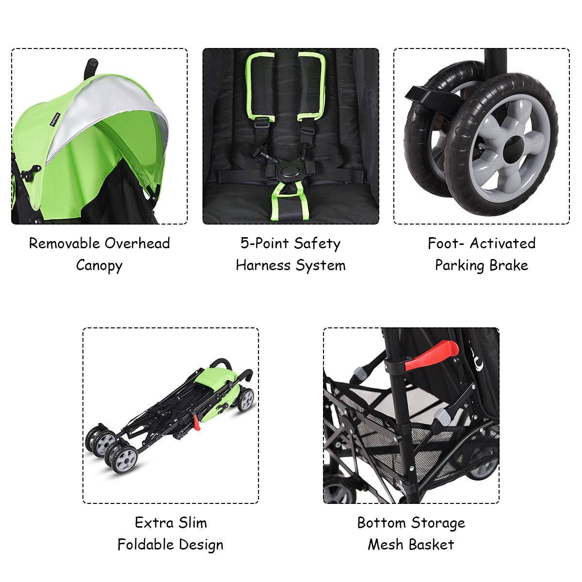 Removable Overhead Canopy, 5-Point Safety Harness System, Foot-Activated Parking Brake, Extra Slim Foldable Design, Bottom Storage Mesh Basket